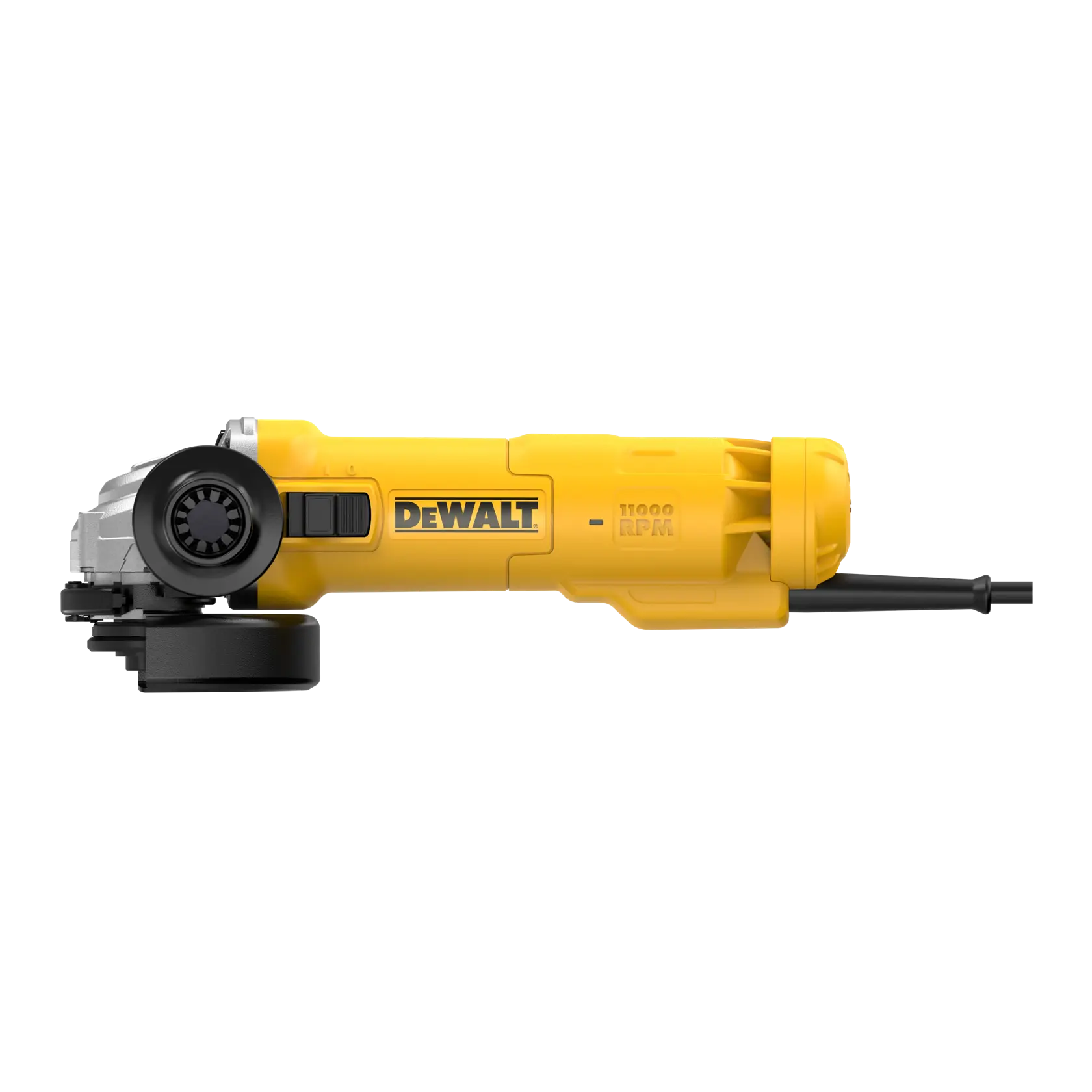 A yellow DEWALT electric angle grinder with a black handle and power cord, shown from the side.