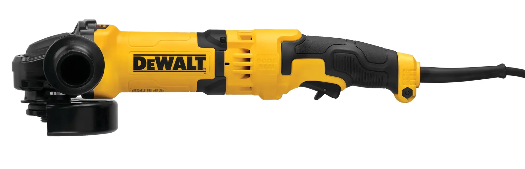 A yellow and black DEWALT electric angle grinder with a side handle and power cord, shown on a white background.