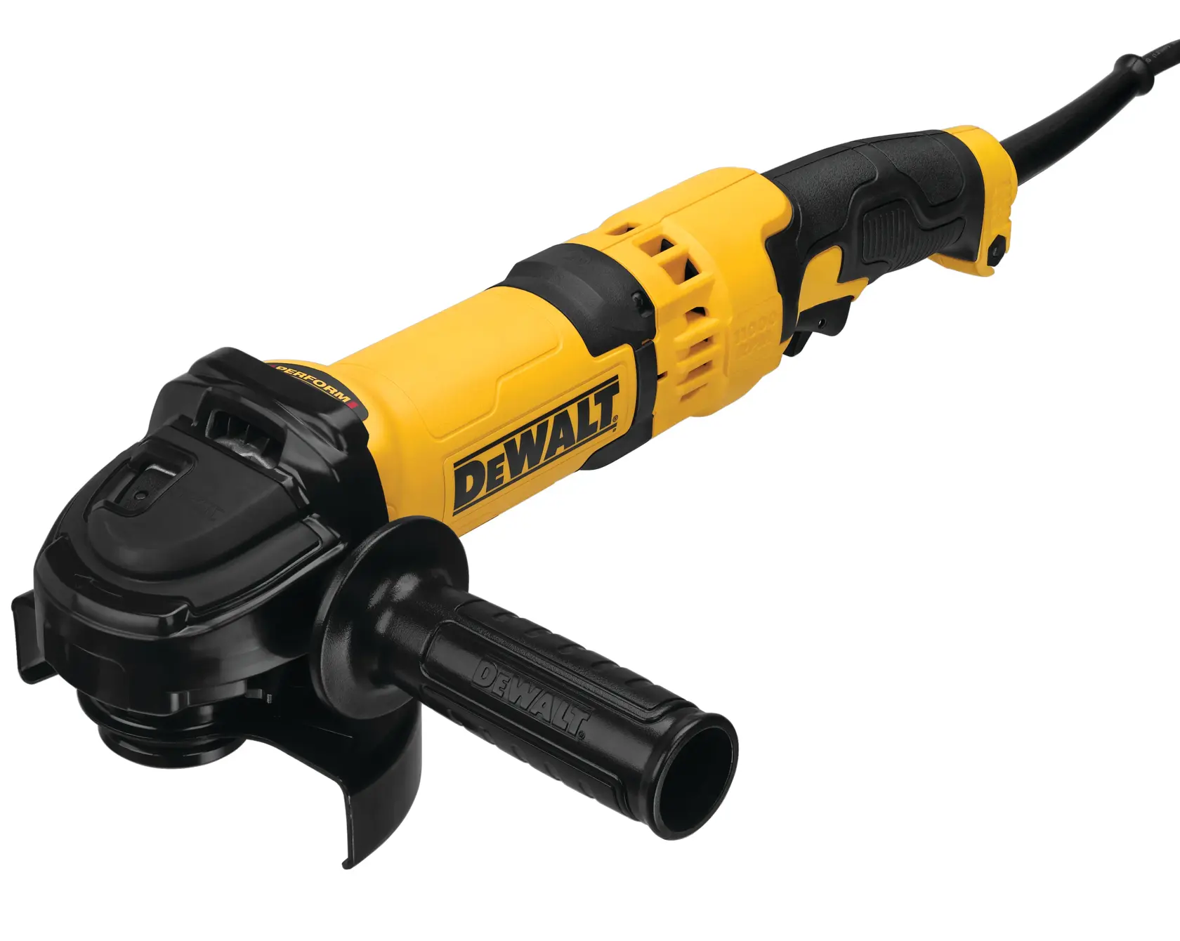 A yellow and black DEWALT angle grinder with a side handle, electric cord, and protective casing, shown on a white background.