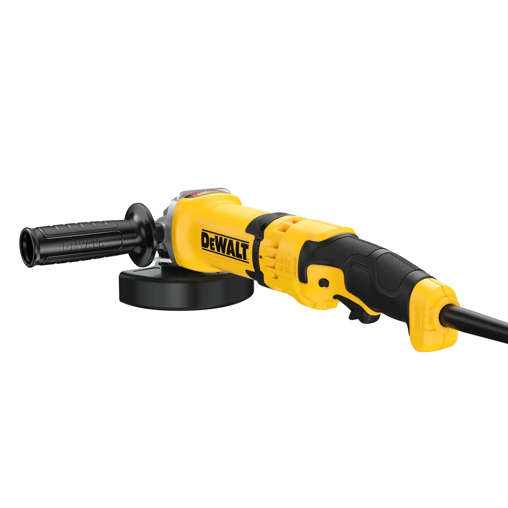 A yellow and black DEWALT angle grinder with a side handle and power cord, shown against a white background.