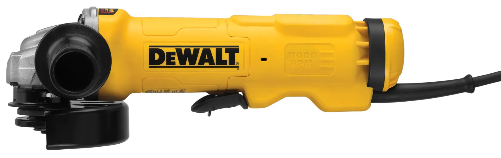A yellow DEWALT angle grinder with a side handle, electrical cord, and protective guard around the grinding wheel.