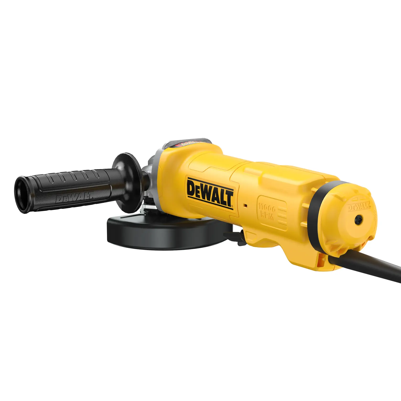 A yellow DEWALT angle grinder with a black handle and power cord, shown against a white background.