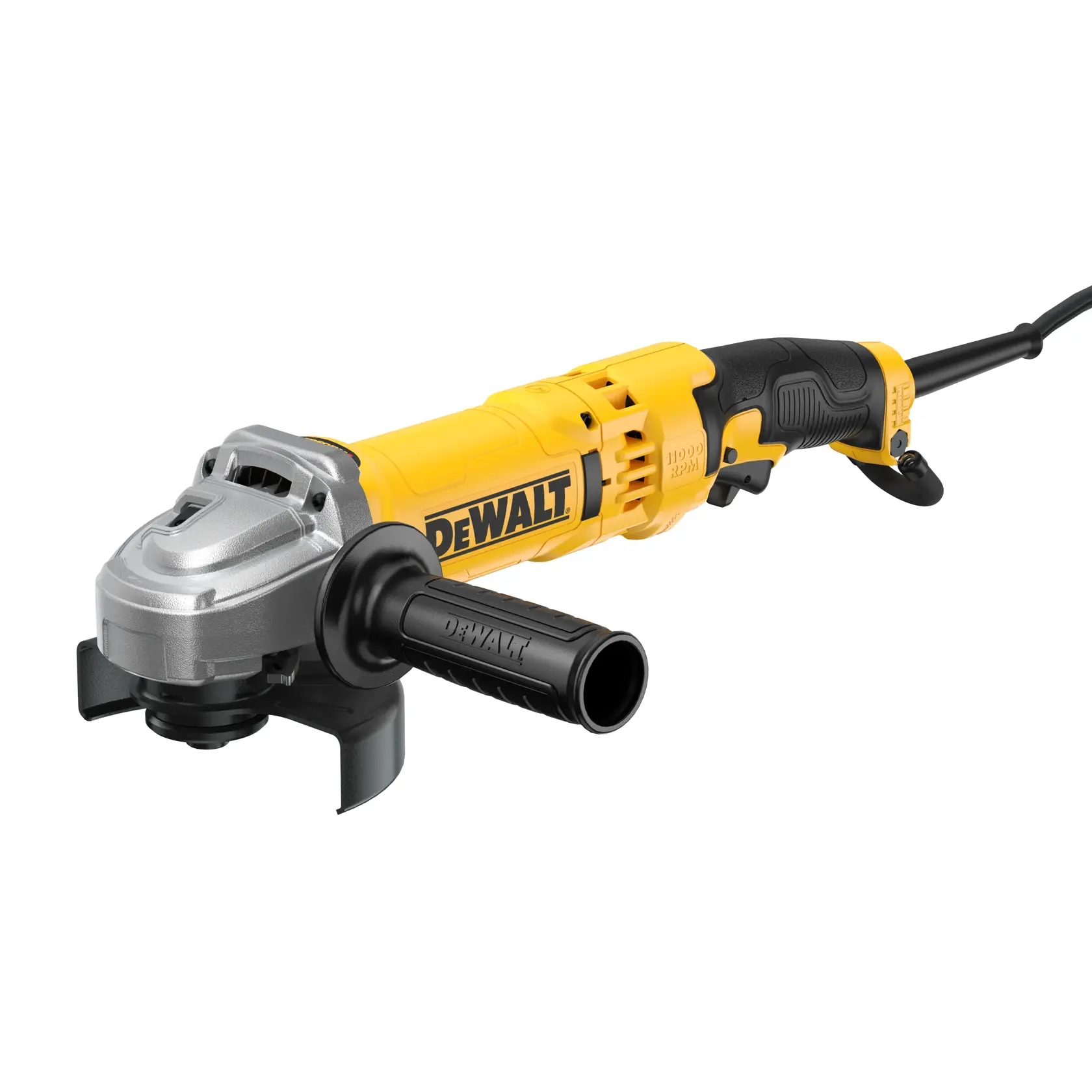 A DEWALT electric angle grinder with a yellow and black body, side handle, and power cord, placed against a white background.