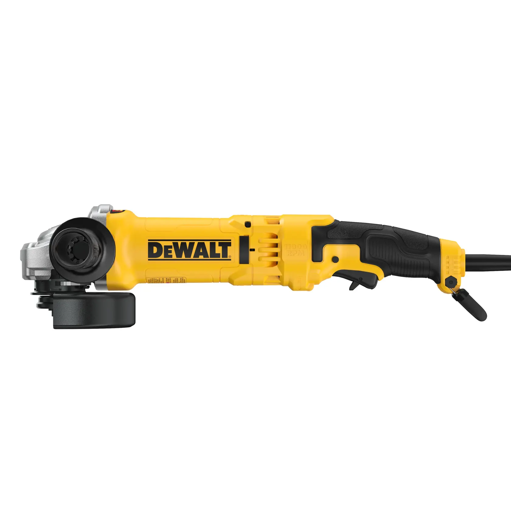 A yellow and black DEWALT angle grinder with a side handle, power cord, and safety guard.