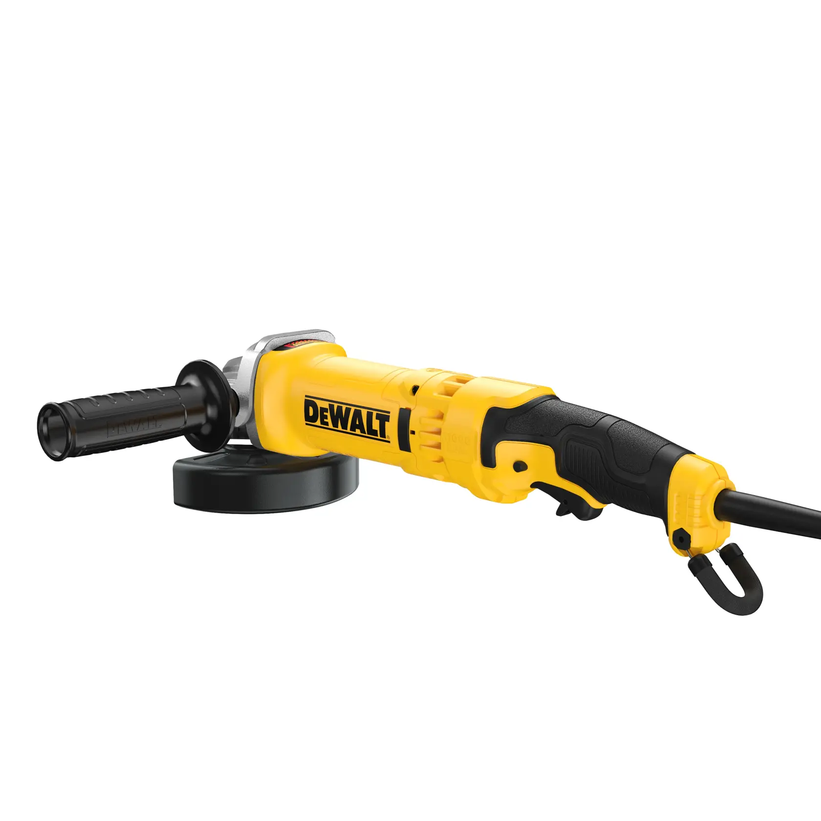 A DEWALT branded yellow and black electric angle grinder with a side handle, shown against a white background.