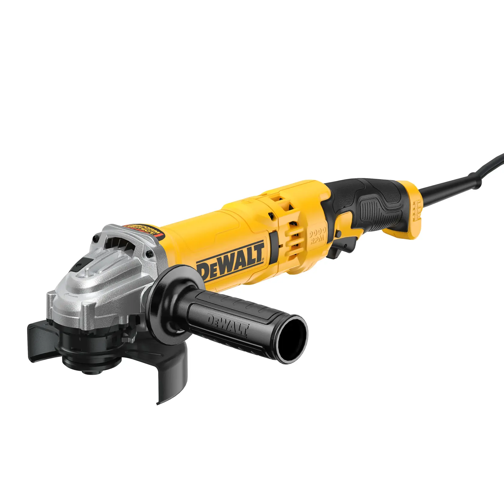 A DEWALT DWE43115 angle grinder, featuring a yellow and black body with a side handle and cord, designed for cutting and grinding tasks.