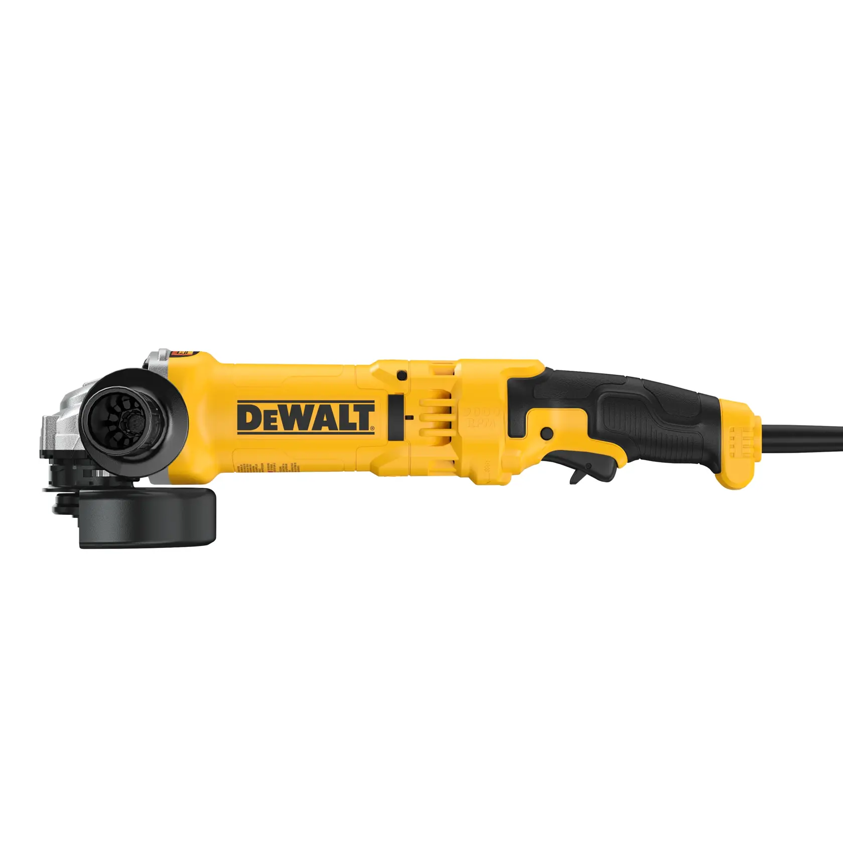 A yellow and black DEWALT angle grinder power tool with a cord, shown in a side view against a white background.