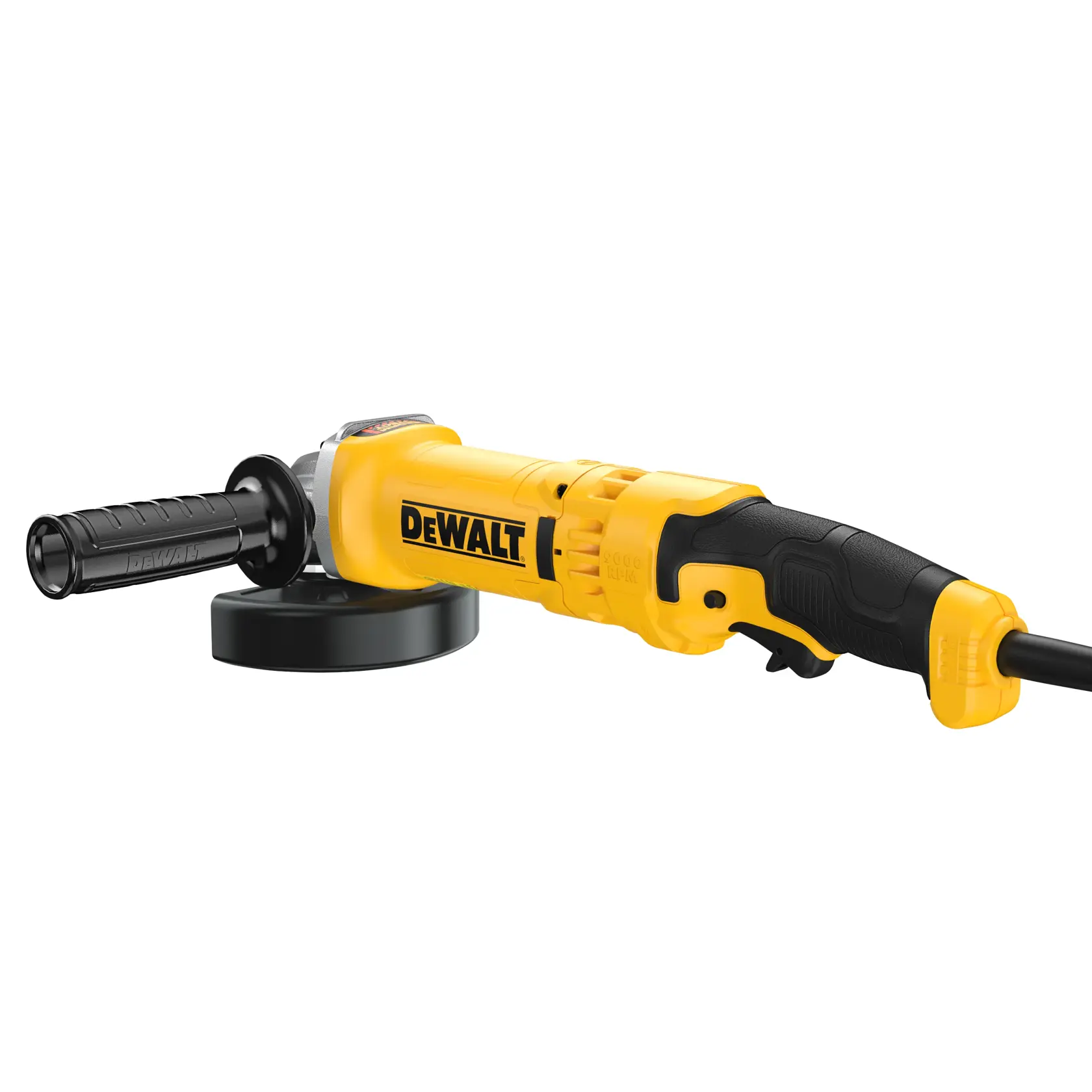 A yellow and black DEWALT angle grinder with a side handle, shown against a white background.