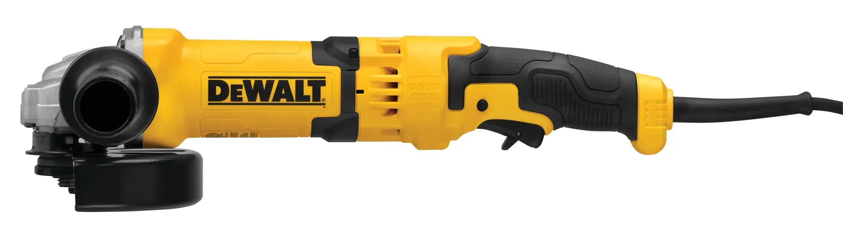 A DEWALT DWE43116 yellow and black angle grinder with a cord, shown in a side profile view against a white background.