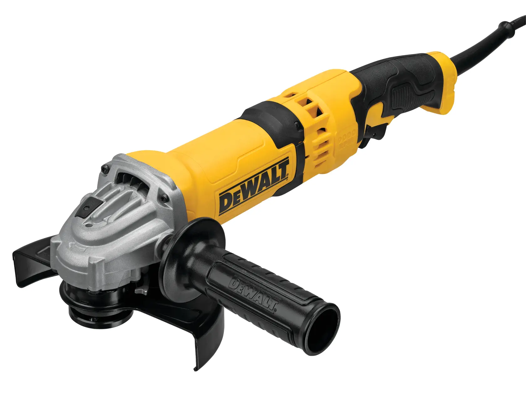 A DEWALT DWE43116 angle grinder with a yellow and black body, side handle, and power cord, displayed against a white background.