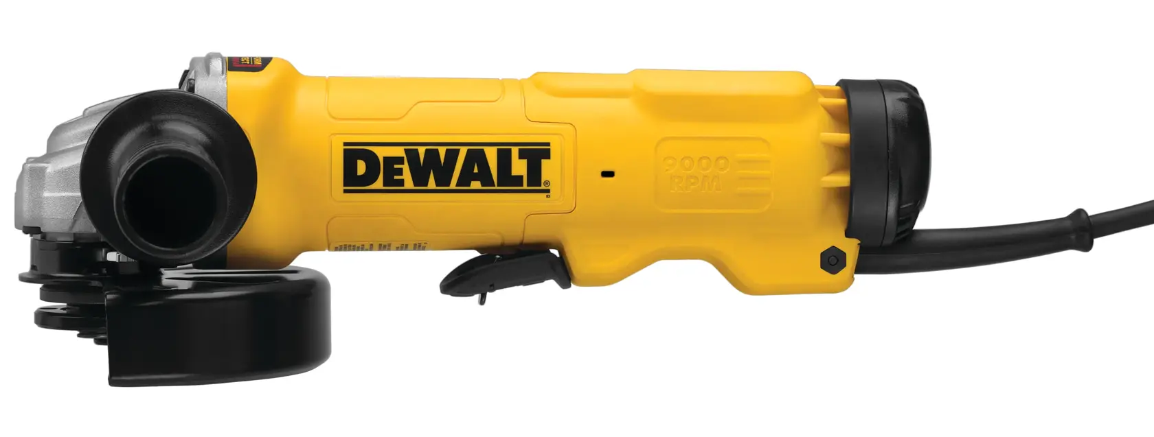 A yellow DEWALT angle grinder with a side handle, power cord, and protective guard on the disc, shown against a white background.