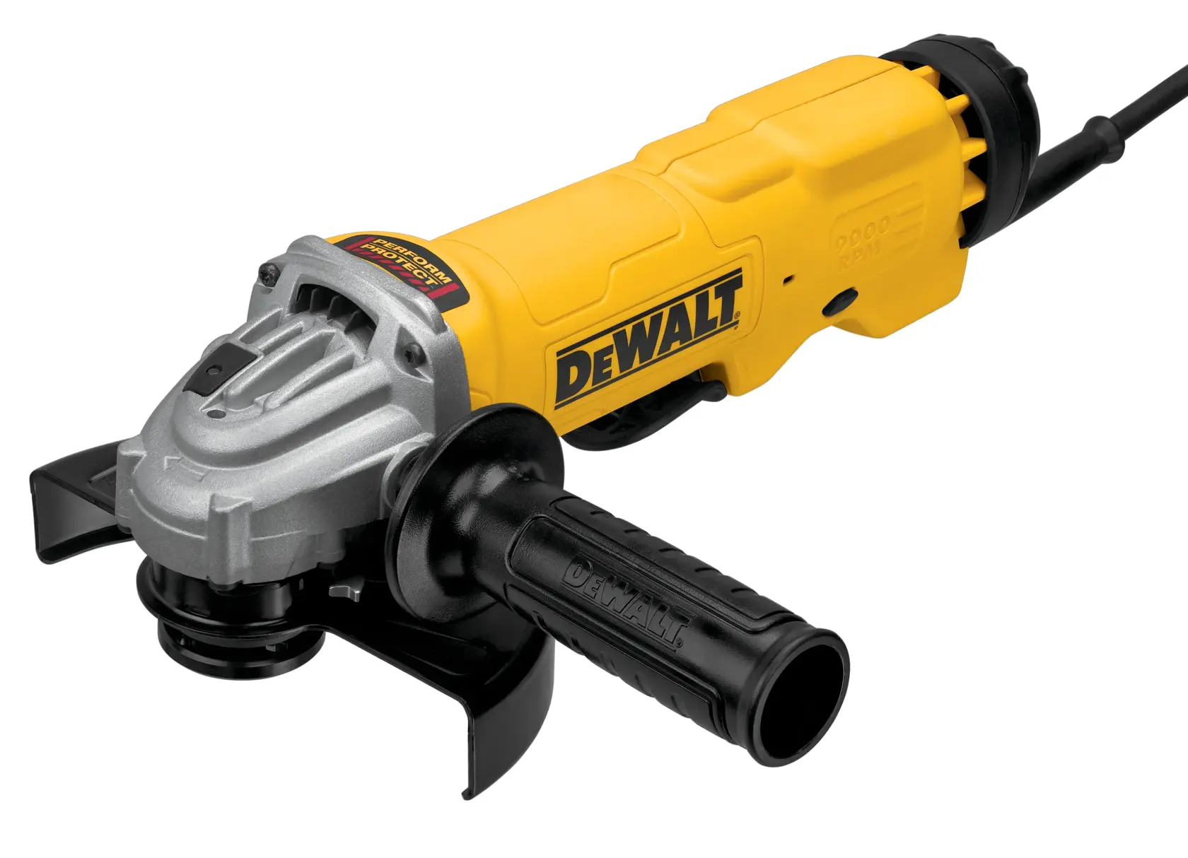 A yellow and black DEWALT angle grinder with a side handle and power cord, shown on a white background.
