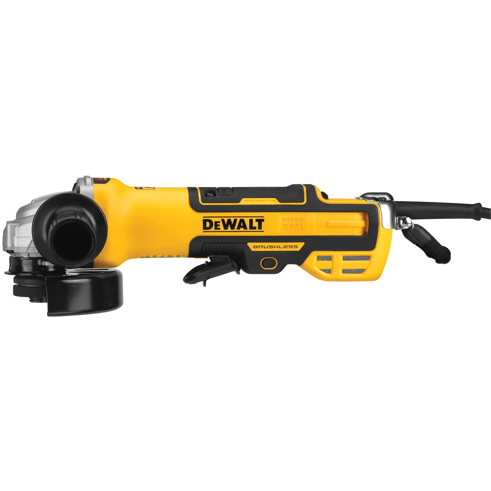 A DEWALT brushless angle grinder, model DWE43214NVS, featuring a yellow and black body with a side handle and guard. The tool is corded and designed for heavy-duty grinding tasks.