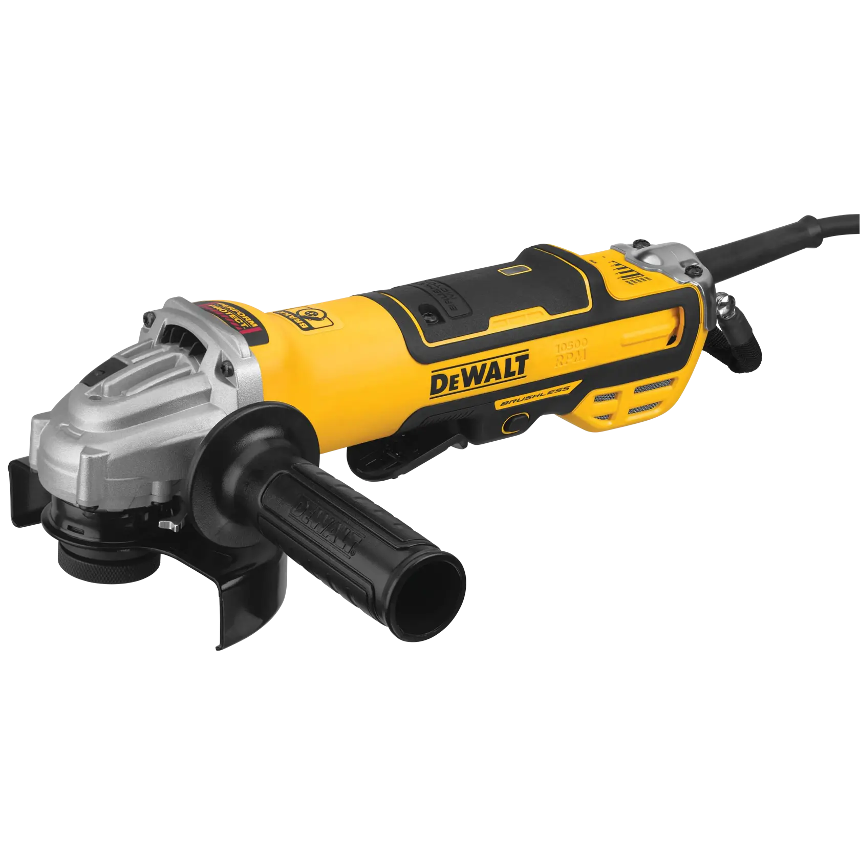 A DEWALT-branded electric angle grinder featuring a yellow and black body, a side handle, and a metal guard around the grinding wheel.