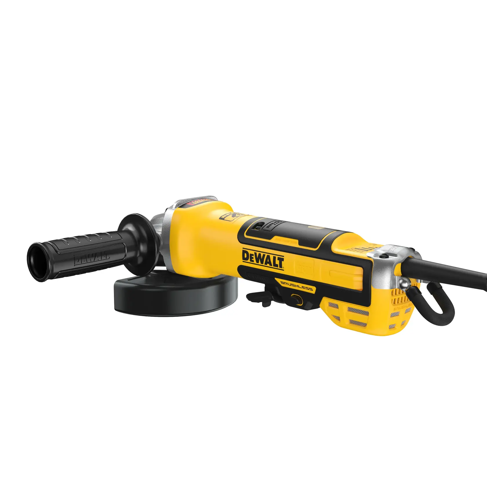 A DEWALT brand yellow and black electric angle grinder with a side handle and power cord, shown against a white background.