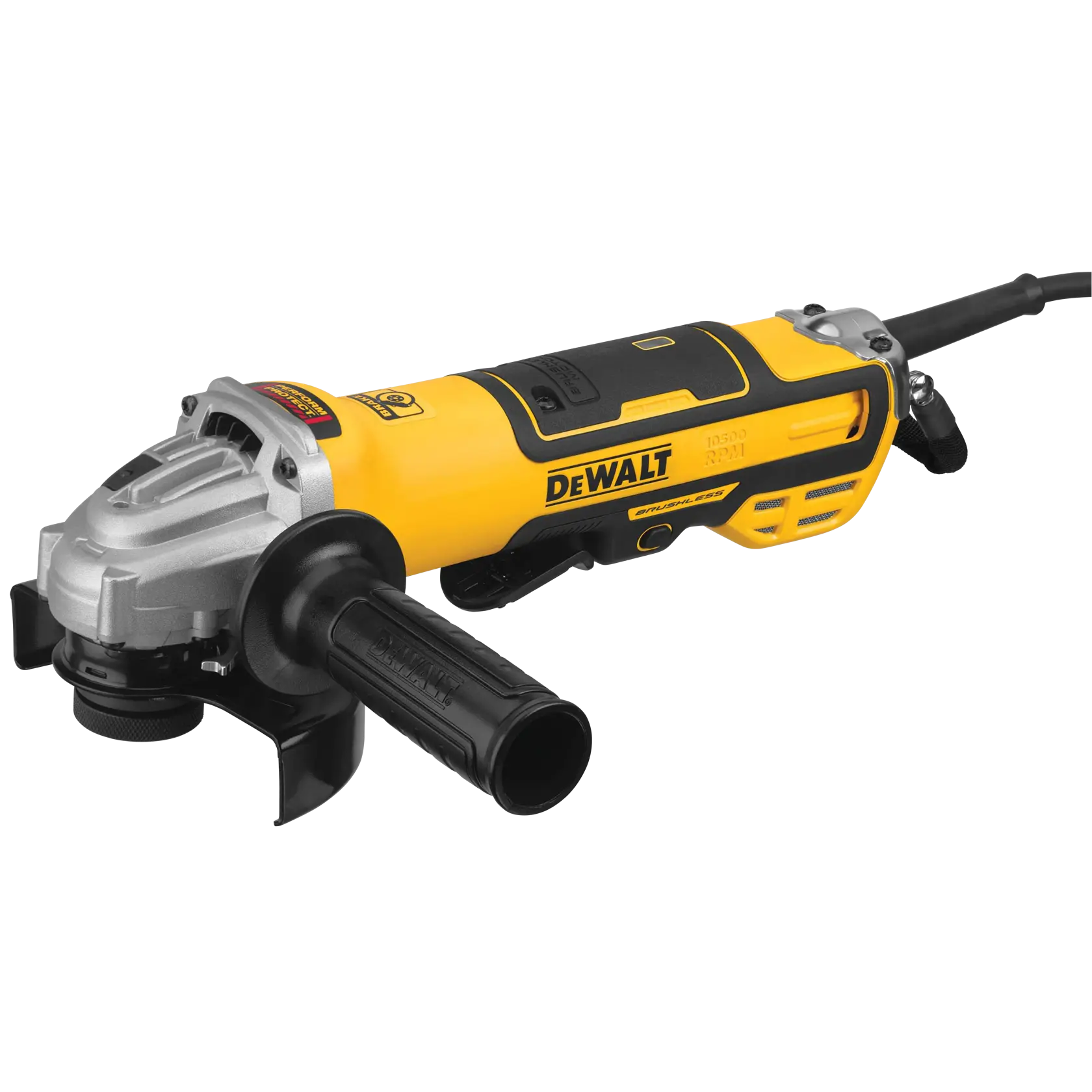 A yellow and black DEWALT electric angle grinder with a side handle and power cord attached.