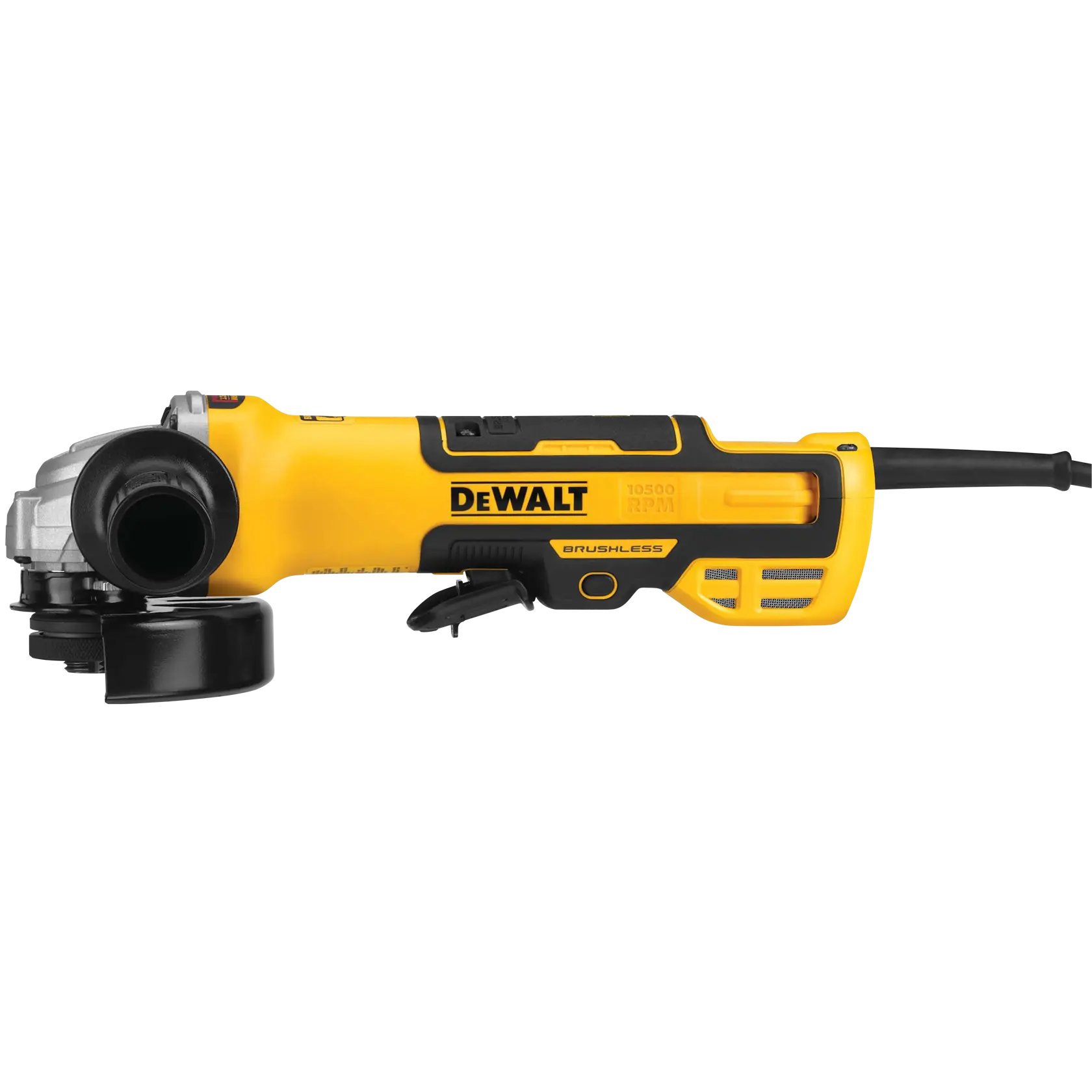 A yellow and black DEWALT brushless angle grinder with power cord, shown from the side.