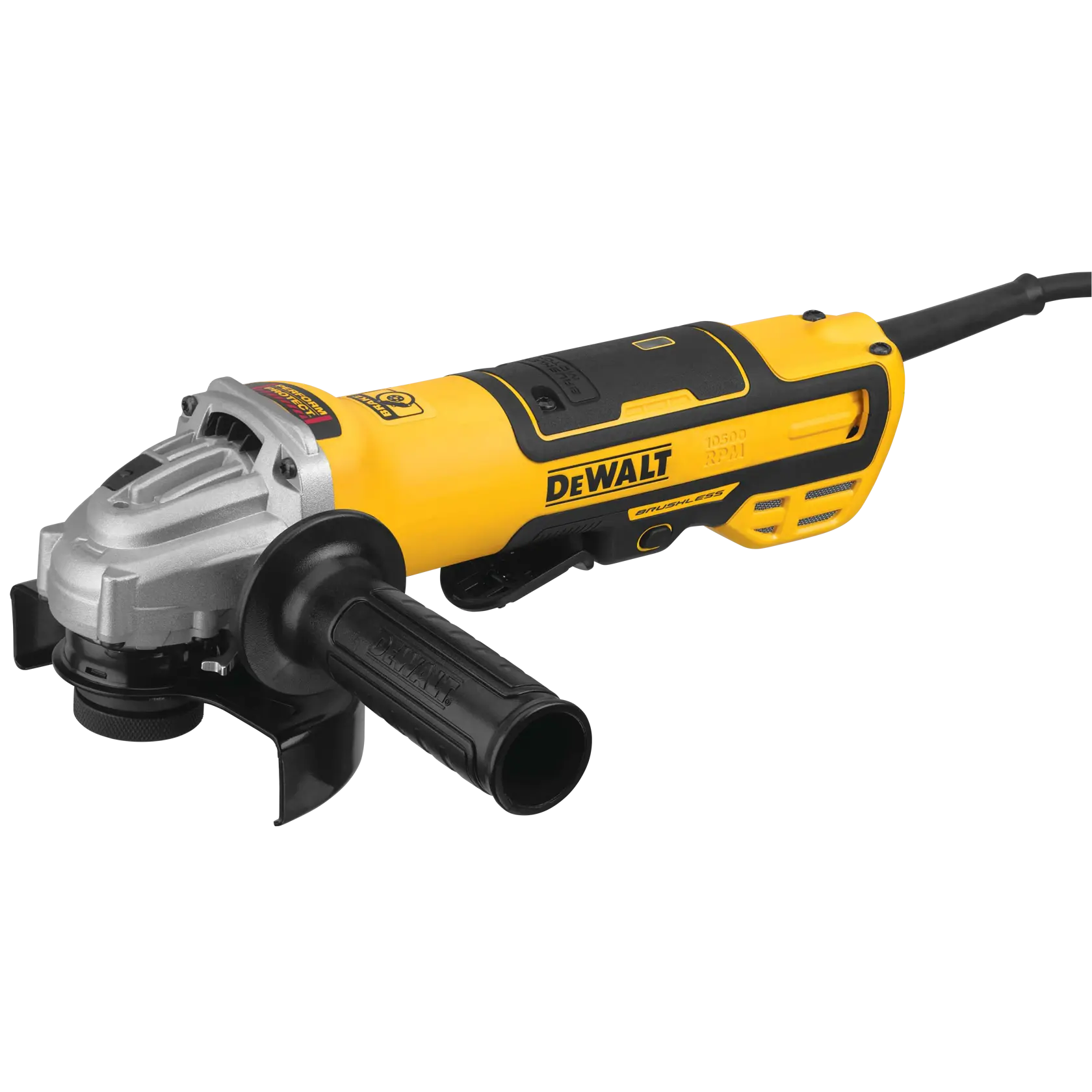 A yellow and black DEWALT angle grinder with a side handle and visible power cord, shown against a white background.