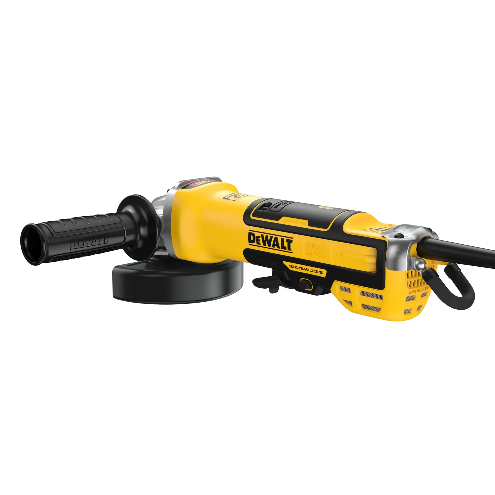 A yellow and black DEWALT electric angle grinder with a side handle, power cord, and disc guard, shown on a white background.