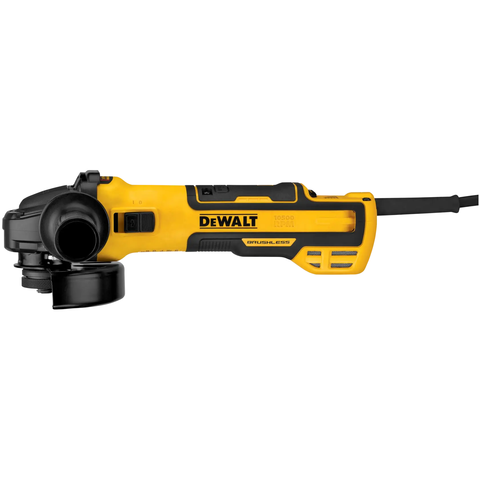 A yellow and black DEWALT brushless angle grinder with a side handle and power cord, viewed from the side.