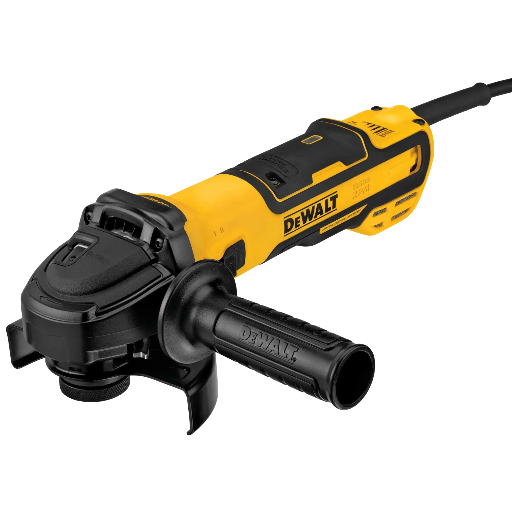 A close-up image of a DEWALT angle grinder with a yellow and black design featuring a side handle and power cord.