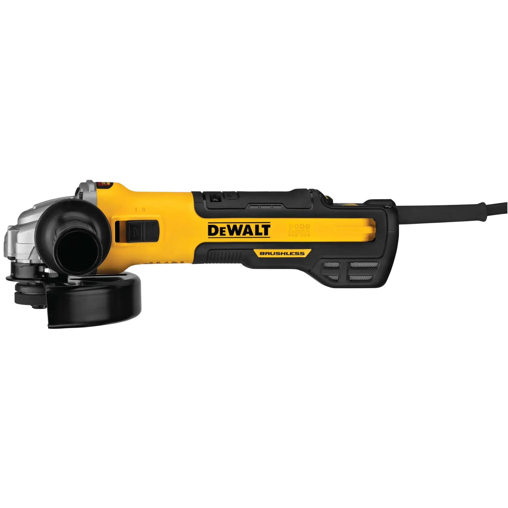 A DEWALT DWE43240VS brushless angle grinder with a yellow and black body, shown in a side view. The tool has a protective guard and is corded.