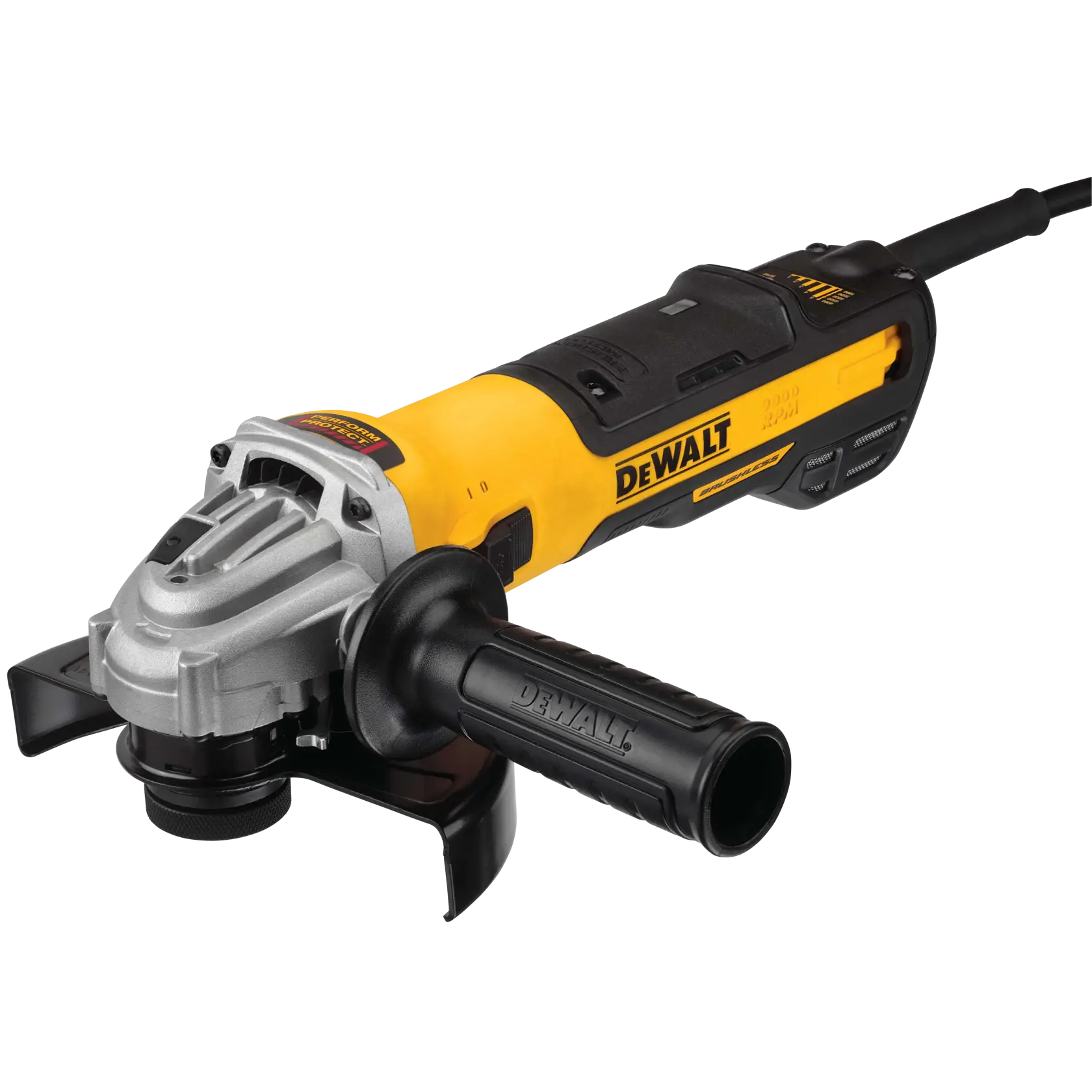 A DEWALT angle grinder with a yellow and black body, featuring a side handle and power cord. The tool is designed for grinding and cutting applications.