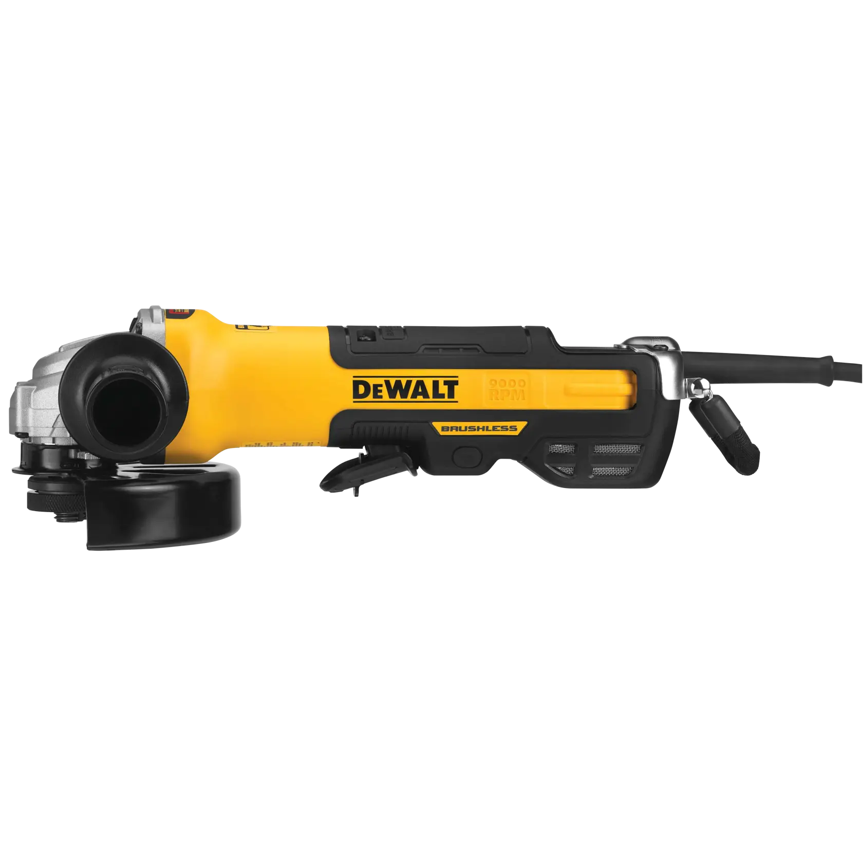 A side view of a yellow and black DEWALT brushless angle grinder with a power cord attached.