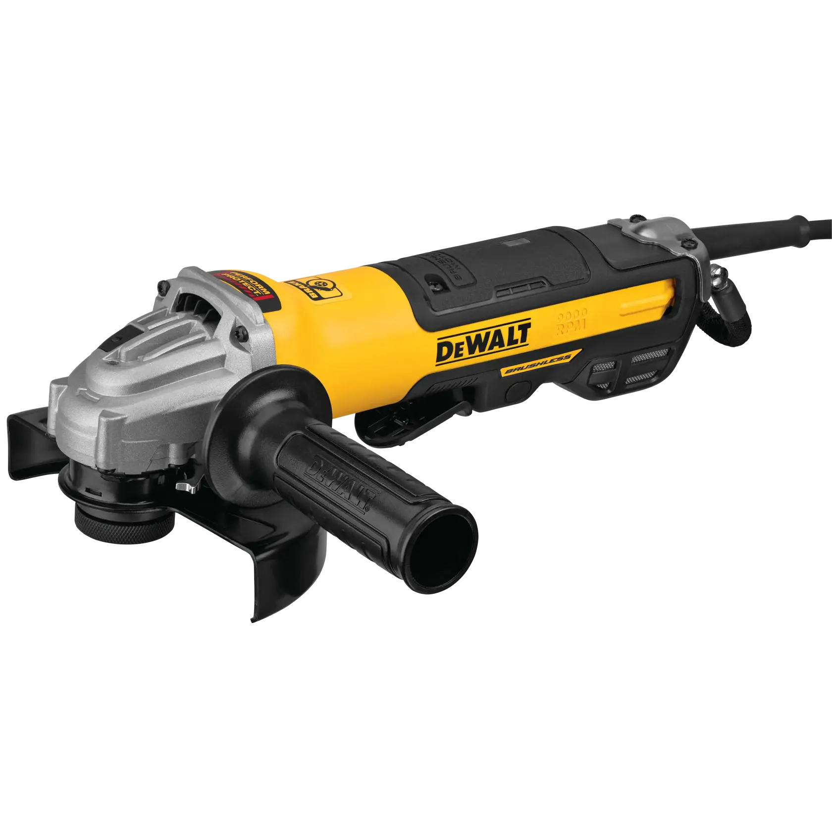 A DEWALT-branded angle grinder with a yellow and black design, featuring a side handle and guard. The tool is electric and suitable for cutting, grinding, and polishing tasks.