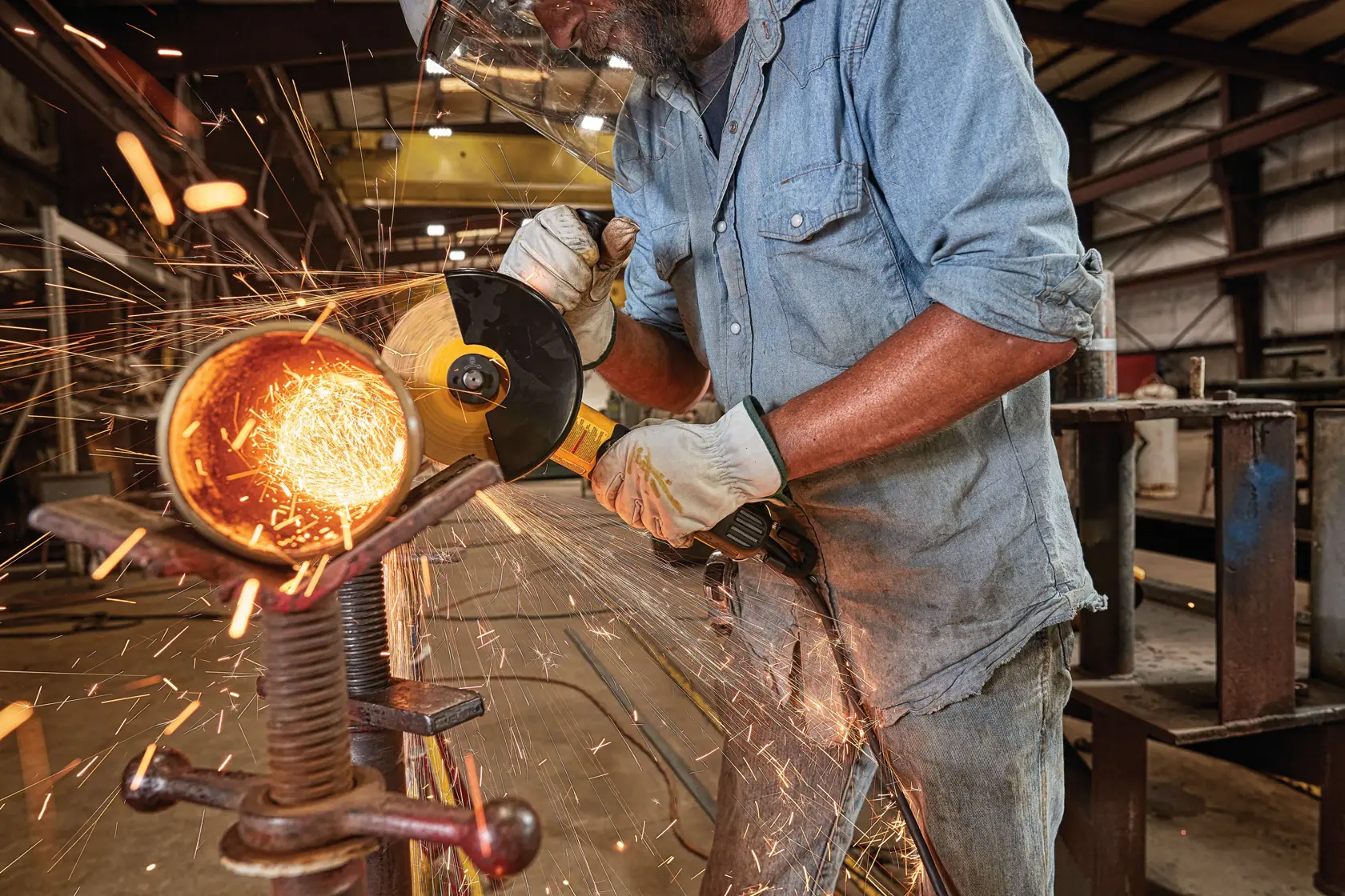 Image of a DEWALT angle grinder, model DWE43244N, featuring a brushless motor, Perform & Protect label, 13 amp motor, weight of 6 lbs, speed of 9,000 RPM, and E-Clutch technology. The highlighted yellow and black tool displays DEWALT branding and various performance features.