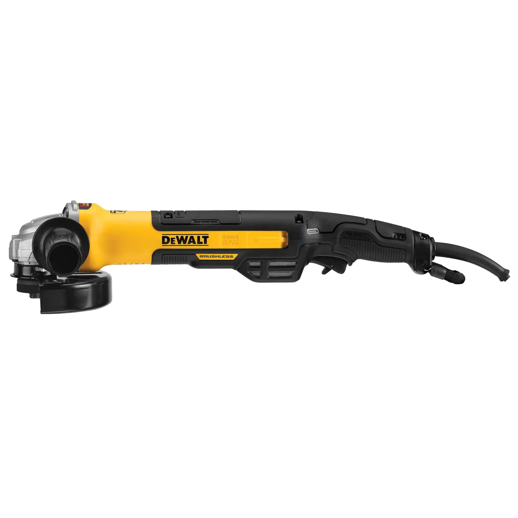 A yellow and black DEWALT corded angle grinder with a brushless motor, shown in a side view, featuring a protective guard around the grinding wheel and a power cable attached.