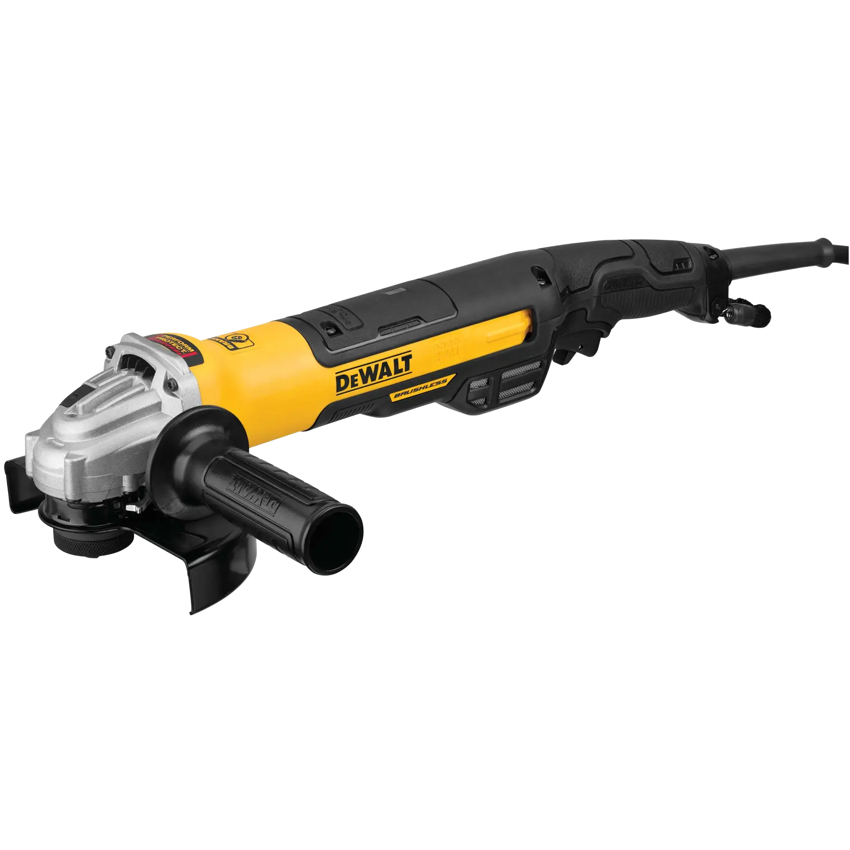 A DEWALT brand angle grinder with a yellow and black body and a side handle, displayed on a white background.