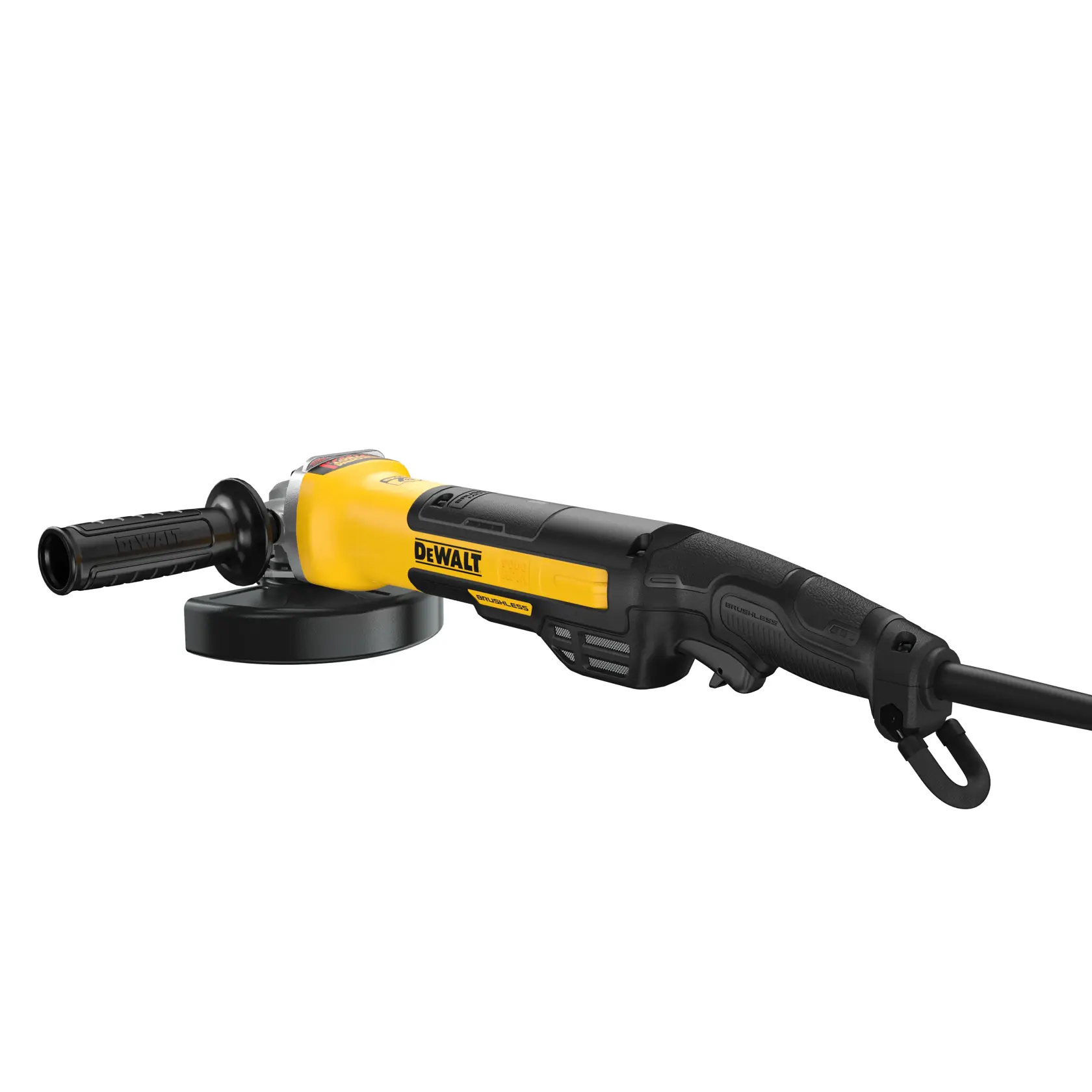 A DEWALT brand electric angle grinder with a yellow and black body, a side handle, and a power cord.