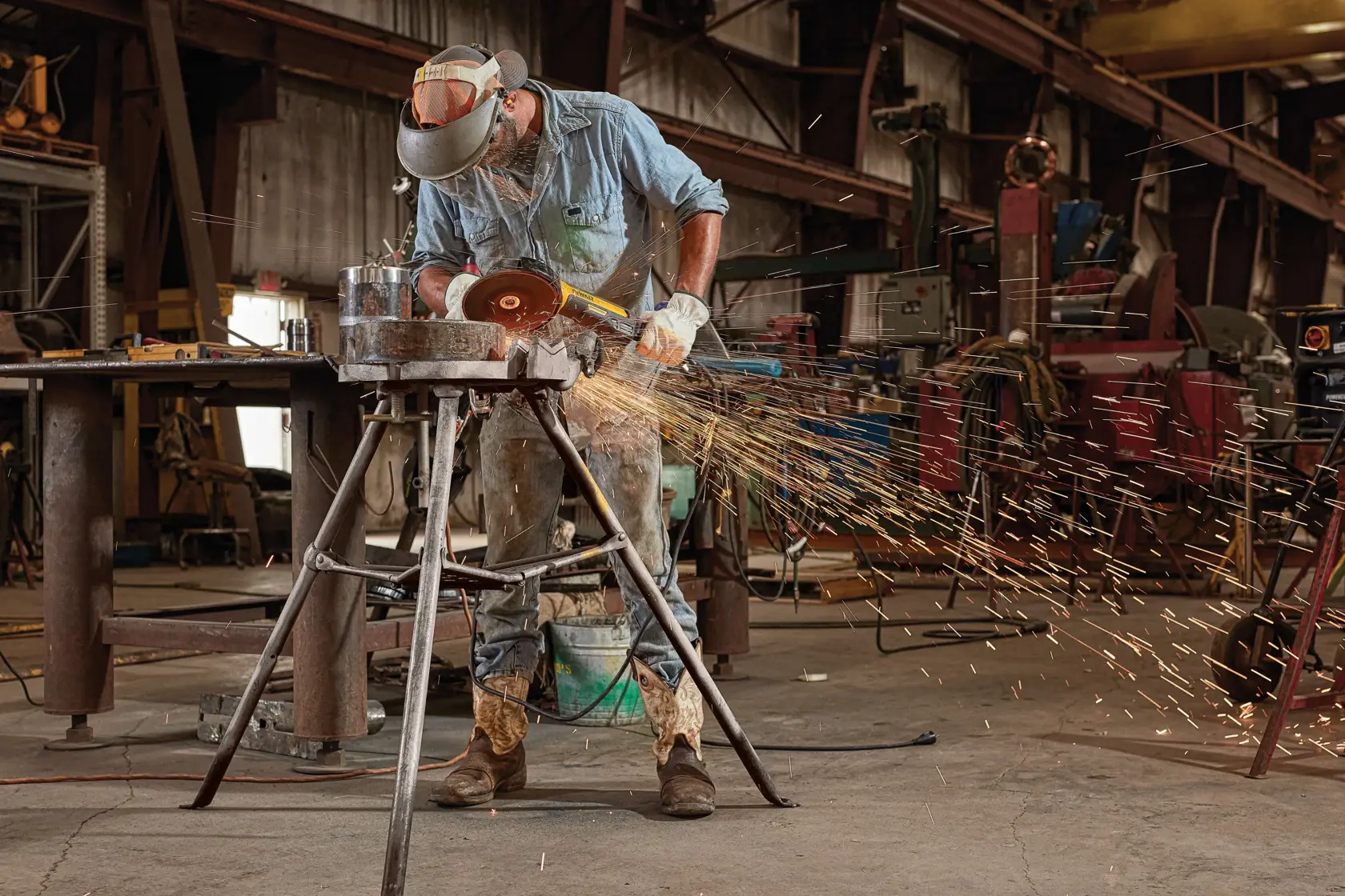 DEWALT brushless motor angle grinder with yellow and black design. Features highlighted include: 13 amp motor, 19 inch length, 2-stage trigger, lanyard ready attachment, and total weight of 6.4 pounds. Labels indicate Perform Protect and Brushless Motor technology.