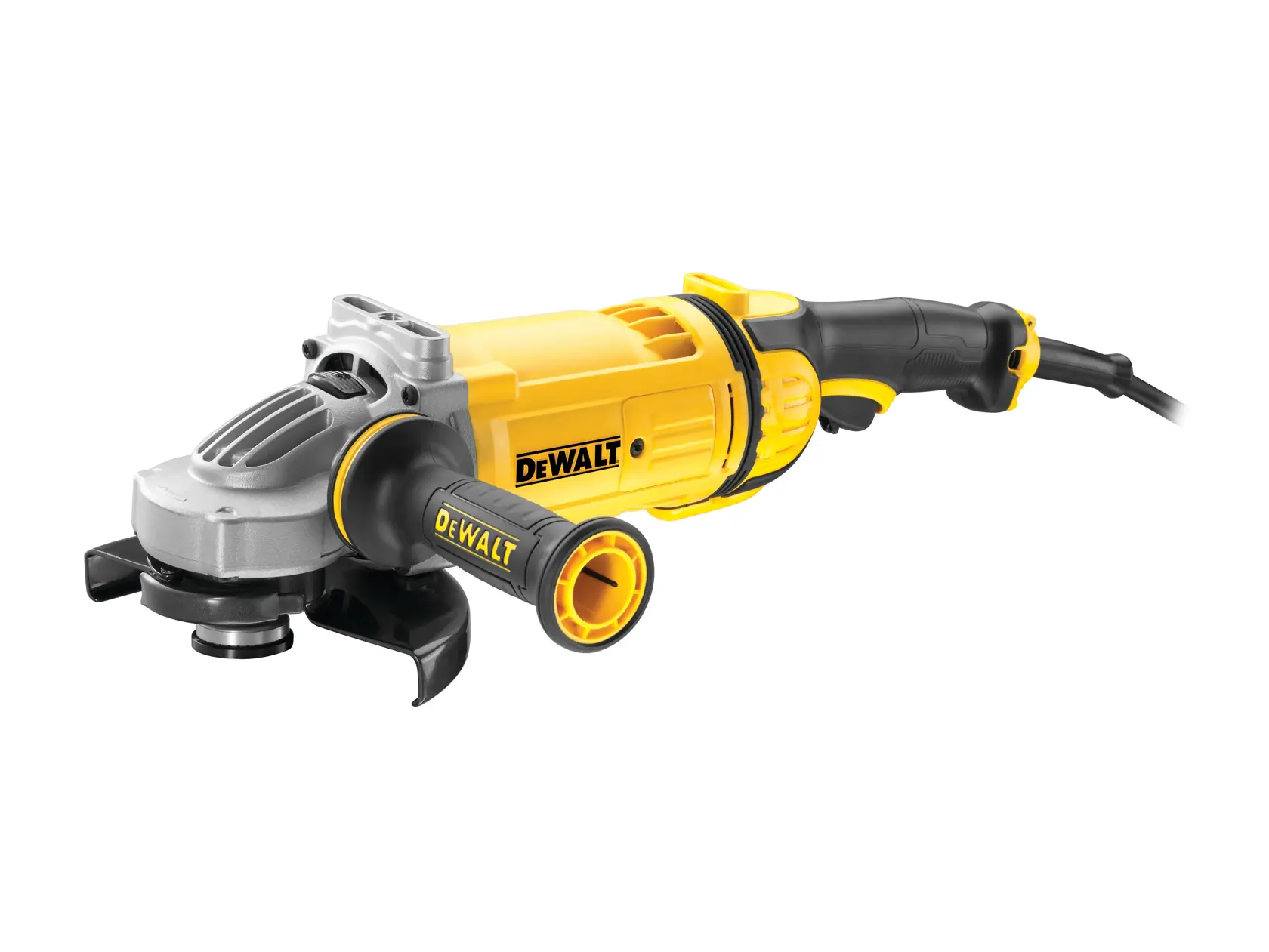 DEWALT corded angle grinder with a yellow and black body, side handle, and safety guard, model DWE4557.