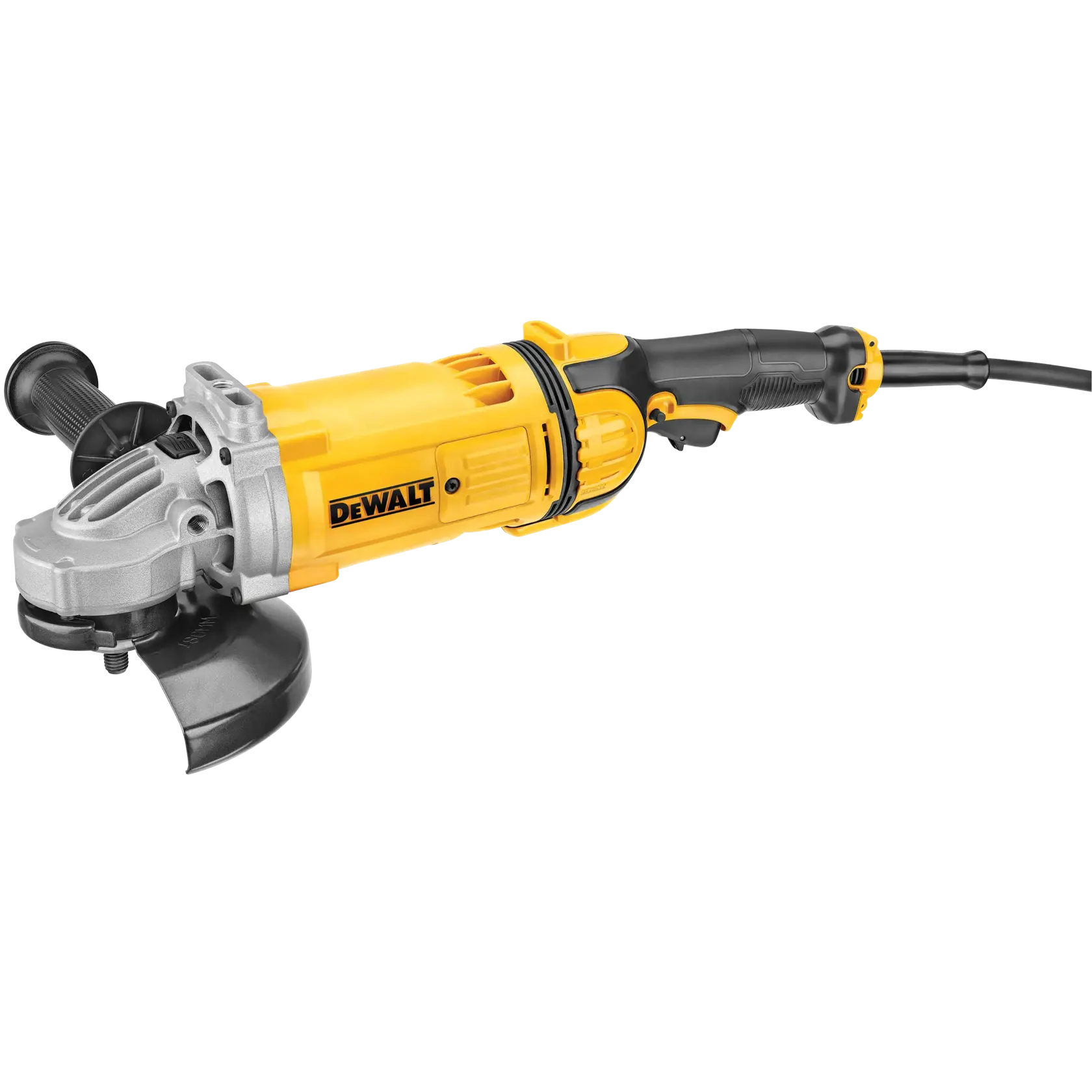 A yellow and black DEWALT electric angle grinder with a side handle and power cord, model DWE4557, placed on a white background.