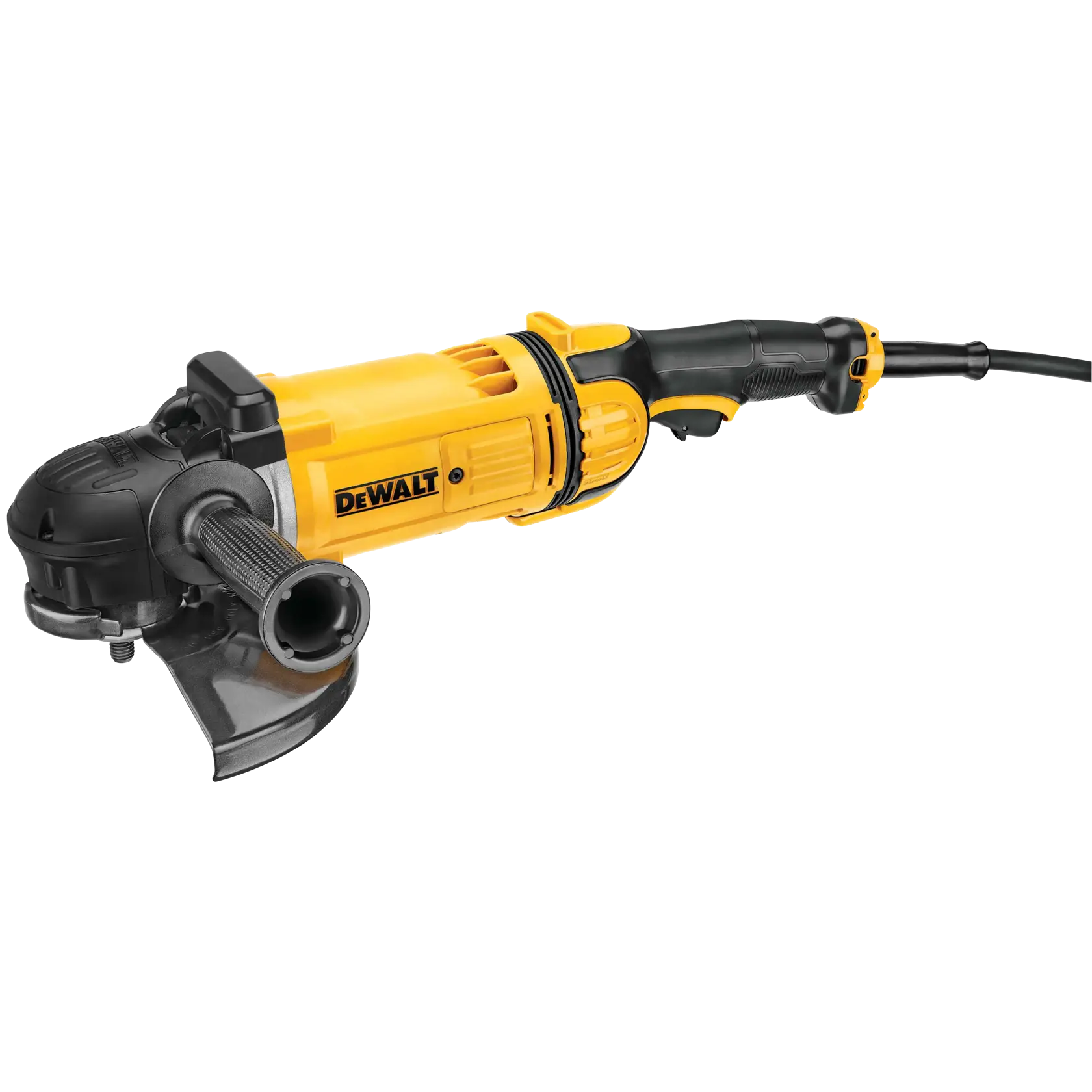 A DEWALT electric angle grinder with a yellow and black design, side handle, power cord, and protective guard.