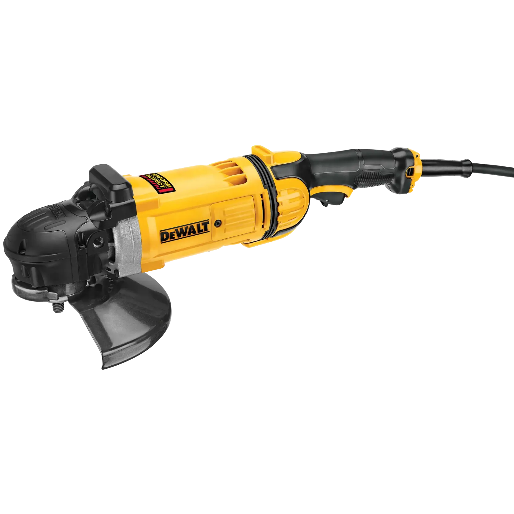 A yellow and black DEWALT angle grinder with a corded handle, shown on a white background.