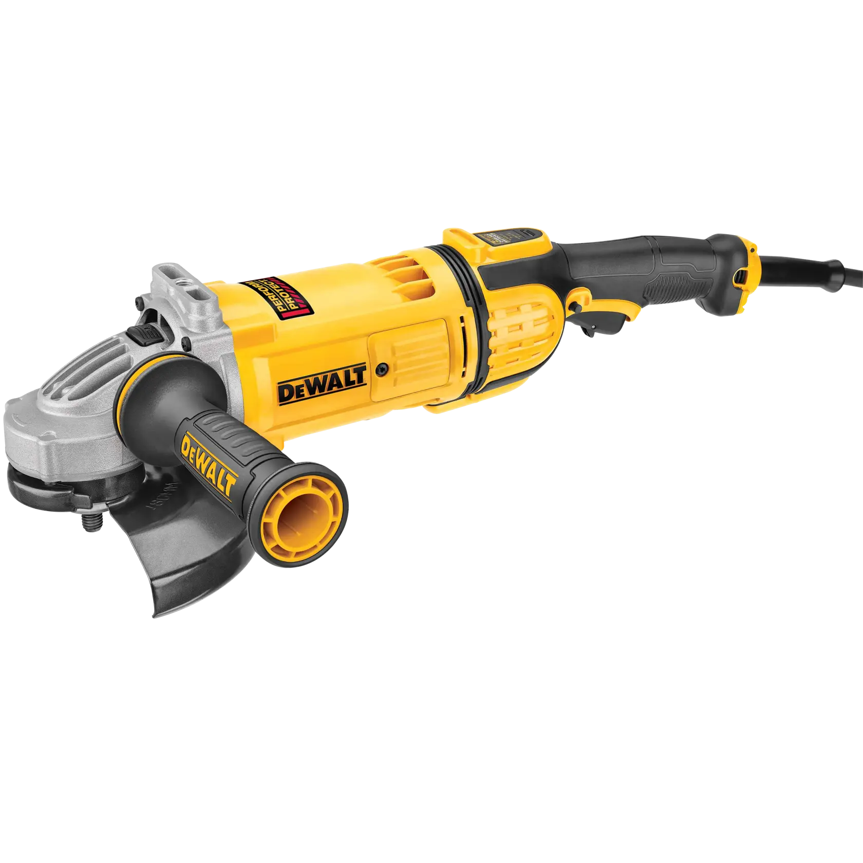 DEWALT yellow and black angle grinder with side handle and power cord, model DWE4597, shown on a white background.