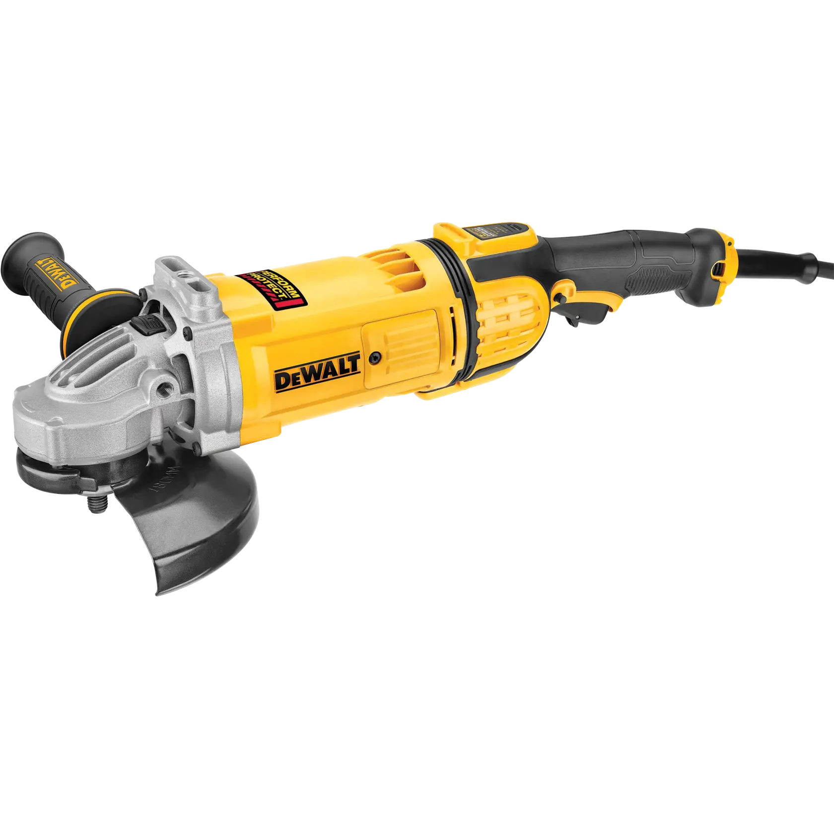A yellow and black DEWALT angle grinder power tool with a side handle and a protective guard around the grinding wheel, shown on a white background.
