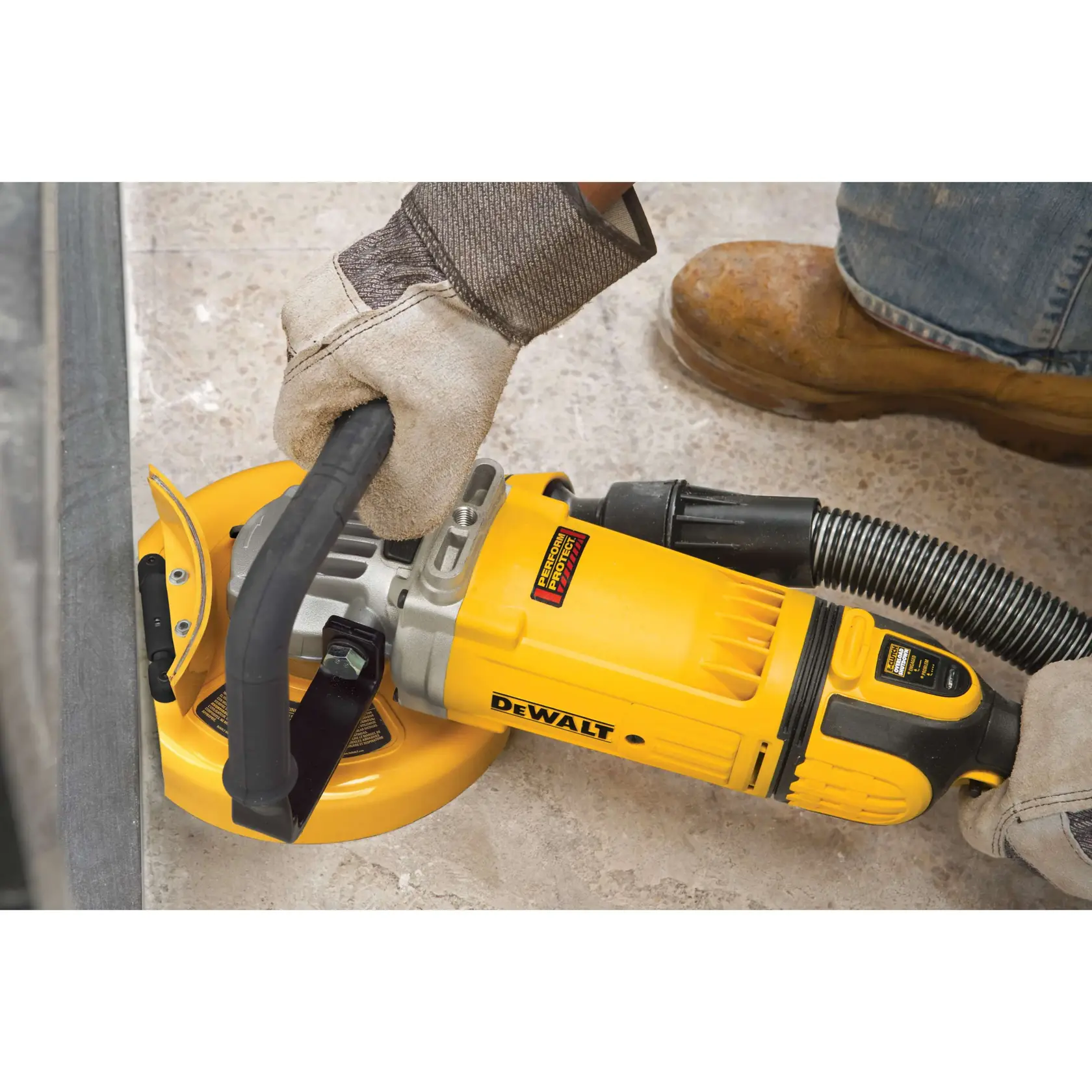 A close-up image of a DEWALT angle grinder, featuring a yellow and black design. The text below highlights 'HIGH POWER MOTOR allows for higher operating speeds.'