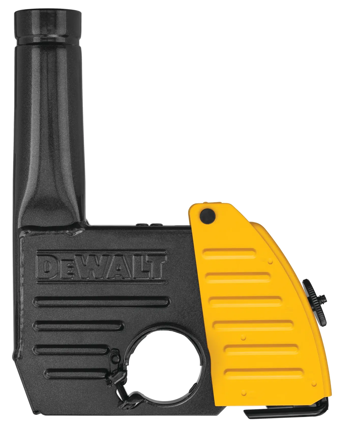 A DEWALT branded black and yellow grinder dust shroud attachment for power tools, featuring a connector port and adjustment knob.