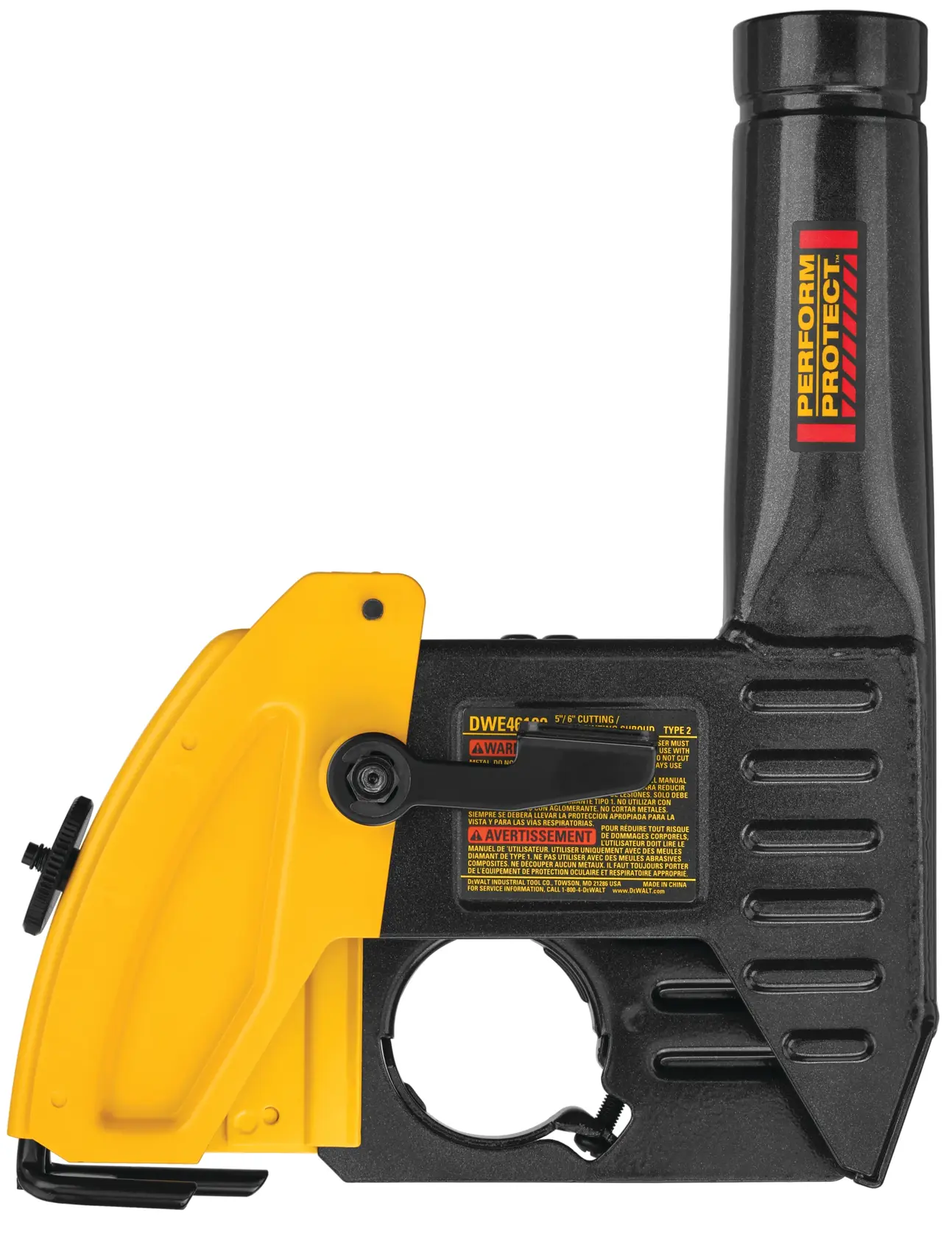 DEWALT DWE46100 Perform & Protect angle grinder dust shroud attachment for use with power tools, featuring a black and yellow design, warning labels, and an exhaust port.