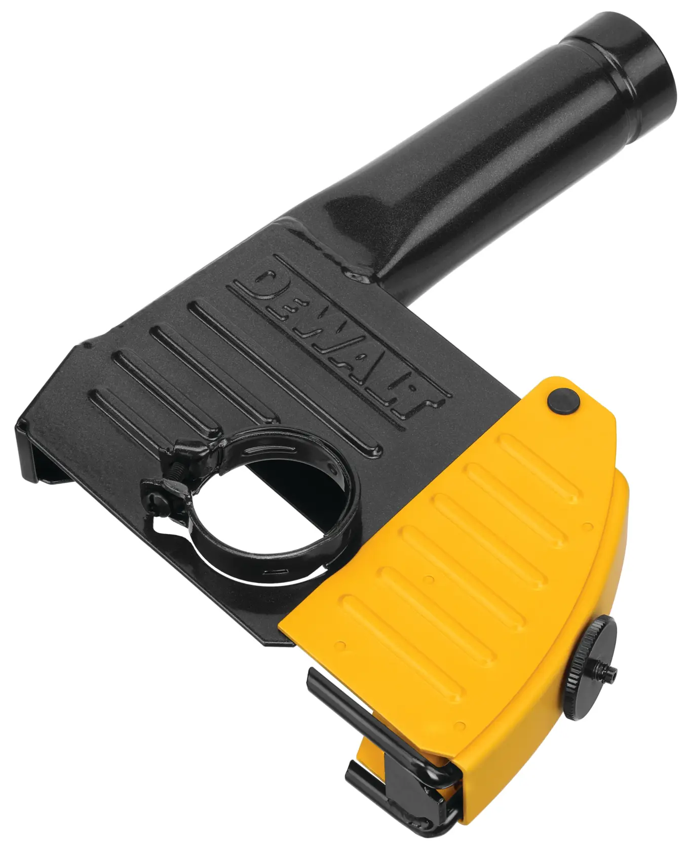 A DEWALT dust shroud attachment for angle grinders, featuring a black and yellow design for improved dust collection during grinding applications.