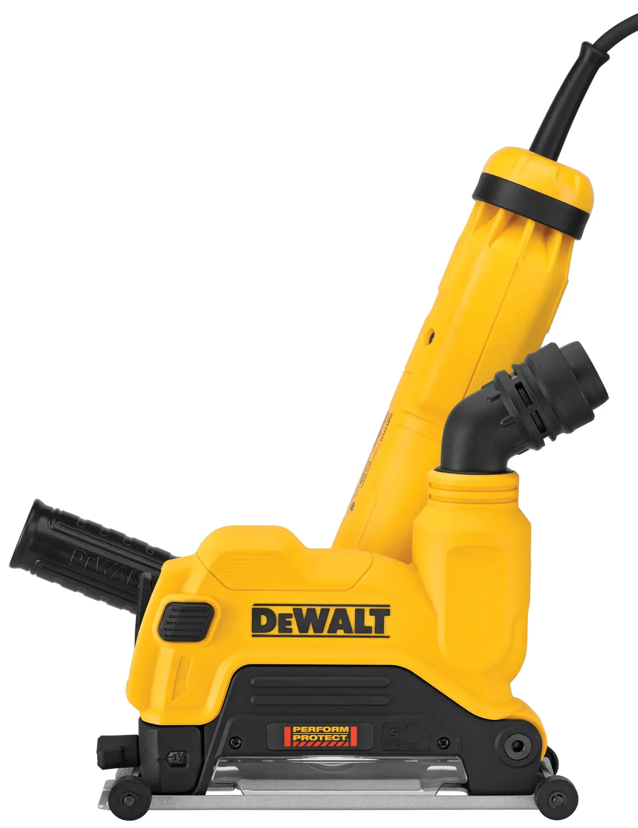 A DEWALT branded yellow and black power tool, specifically an electric concrete grinder, shown in a side view against a white background.