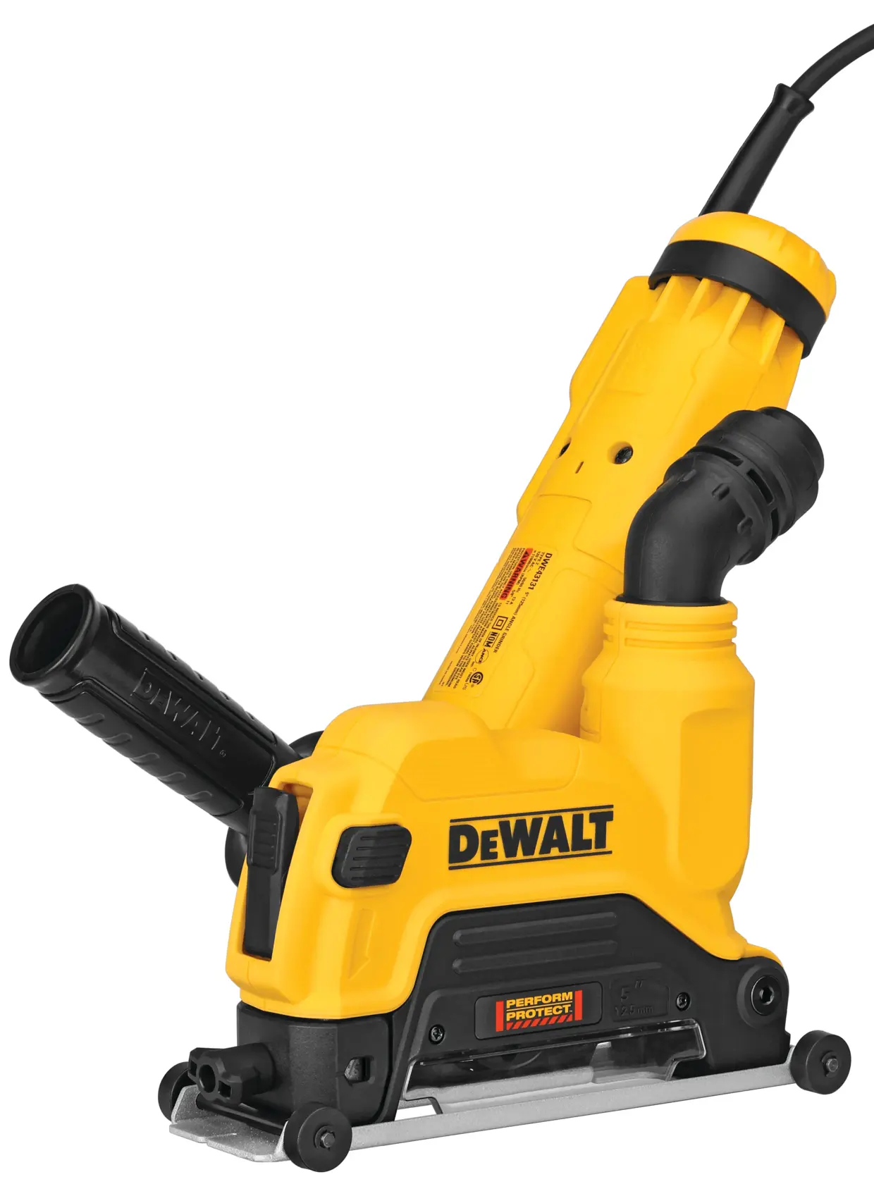 A DEWALT electric wall grinder with a yellow and black design, featuring a handle and dust extraction port.