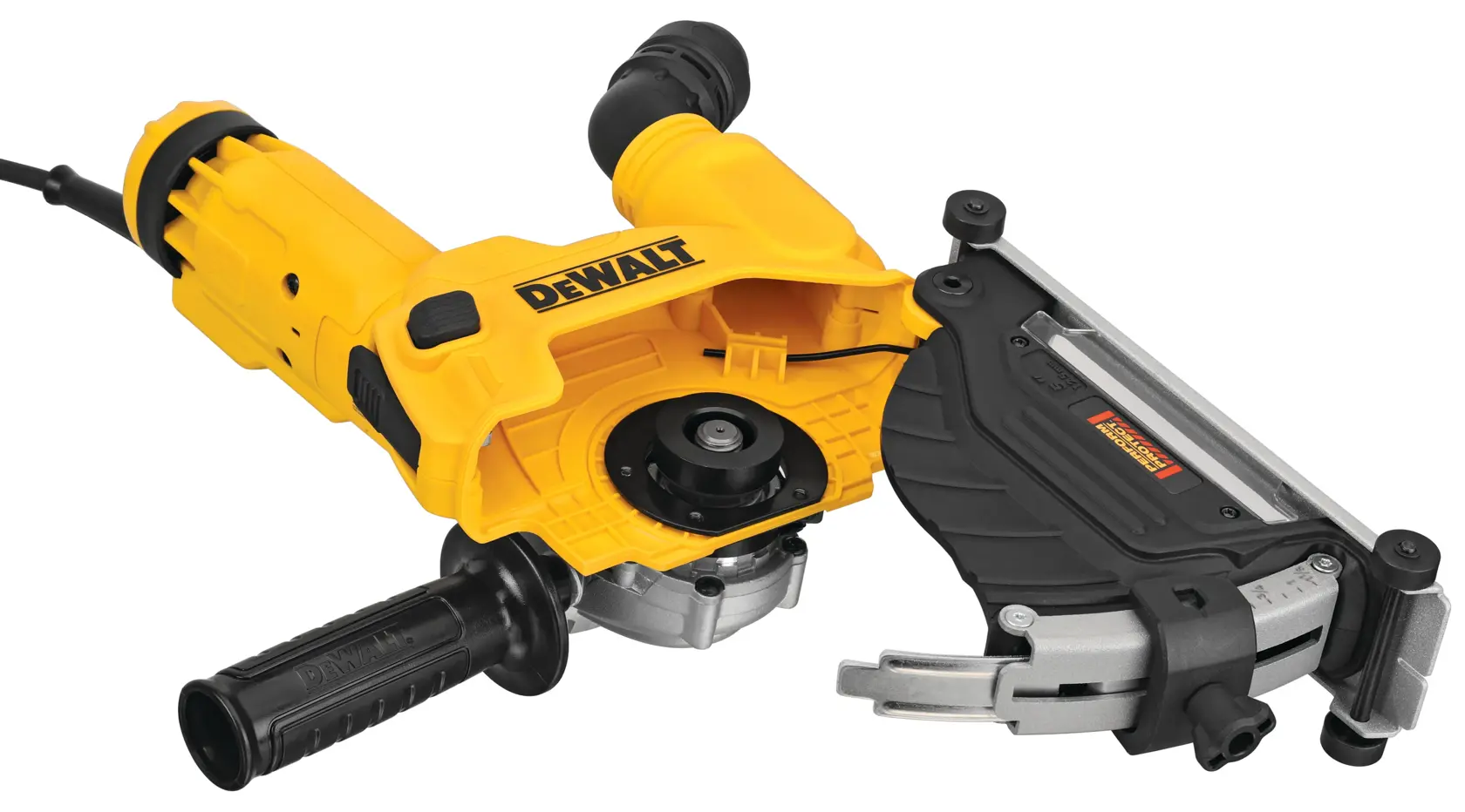 A DEWALT handheld angle grinder with dust extraction attachment, shown in yellow and black colors on a white background.