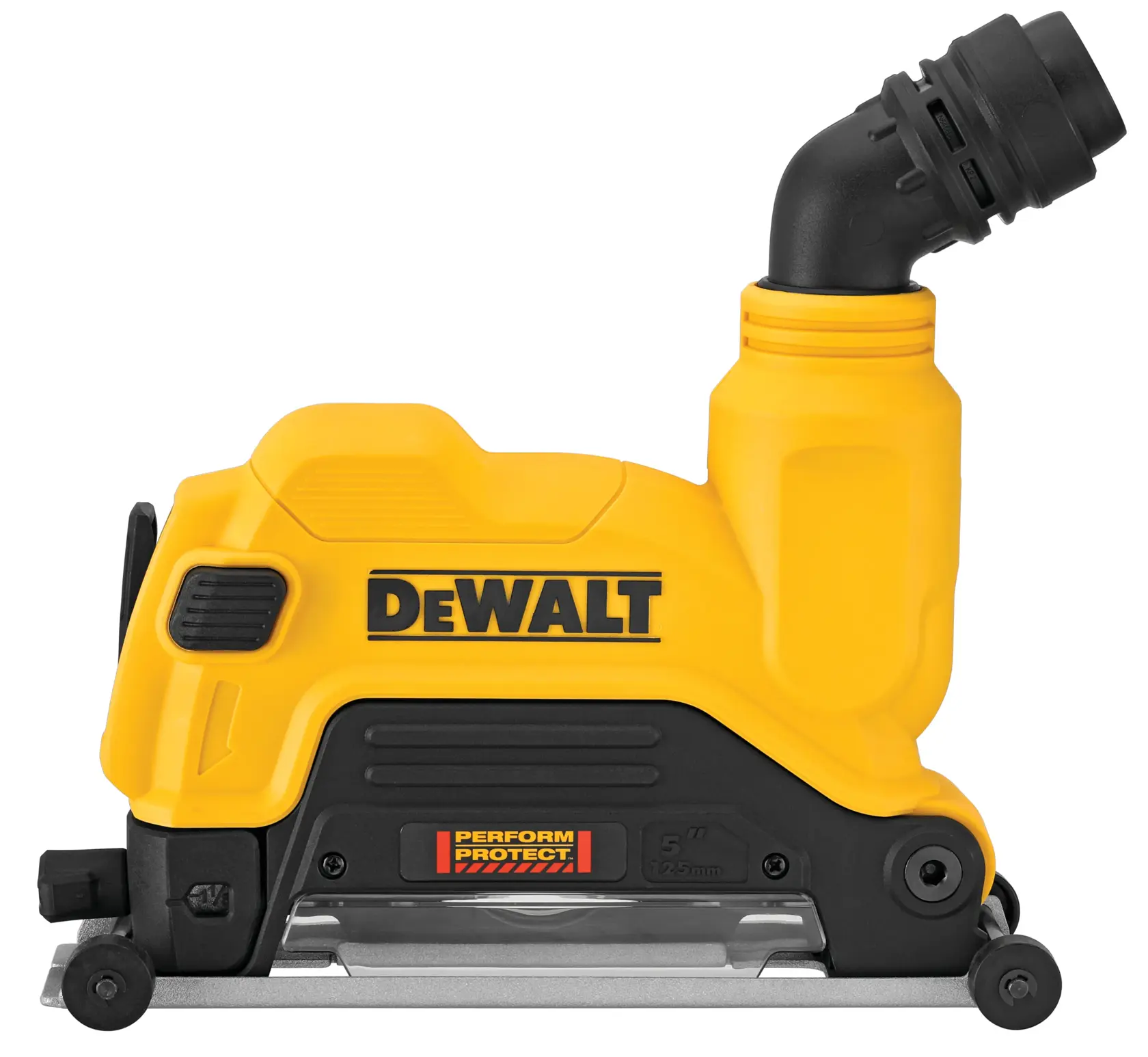 A DEWALT dust shroud, model DWE46125, designed for 5 inch angle grinders, featuring a yellow and black plastic body with a Perform & Protect label and a dust extraction port.