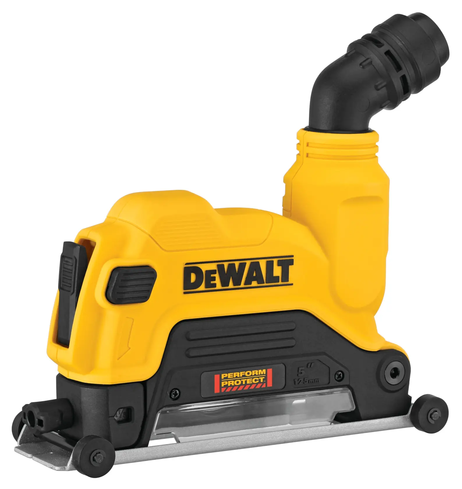 A DEWALT DWE46125 yellow and black dust shroud attachment for angle grinders, featuring a Perform & Protect label and a hose connection for dust extraction.