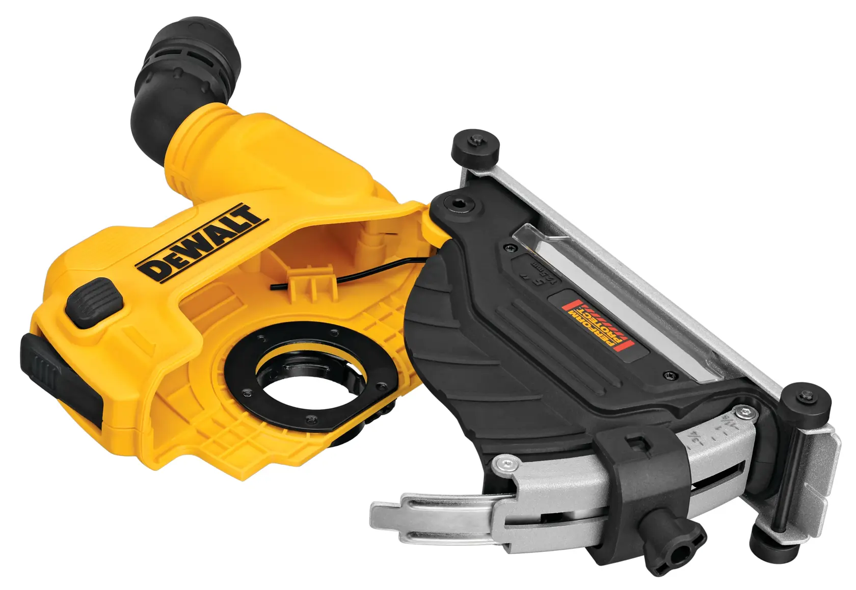 A DEWALT branded yellow and black grinder dust shroud attachment, designed for dust extraction during surface grinding.